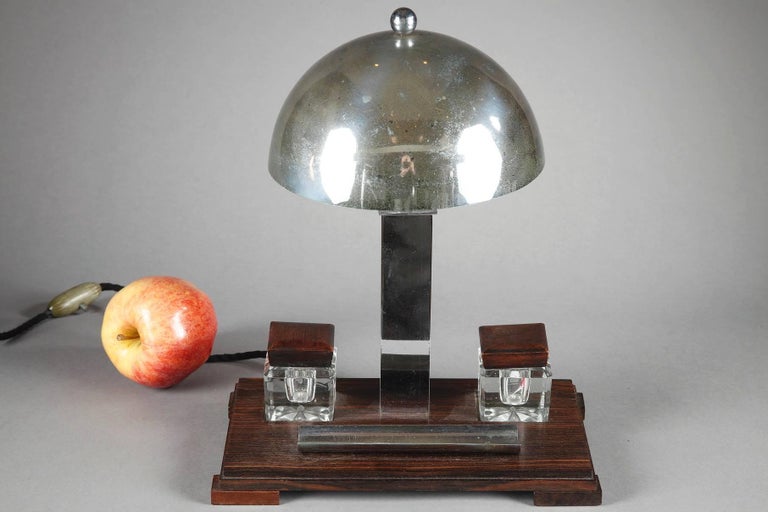 French Art Deco Chromed Metal and Makassar Ebony Desk Lamp For Sale