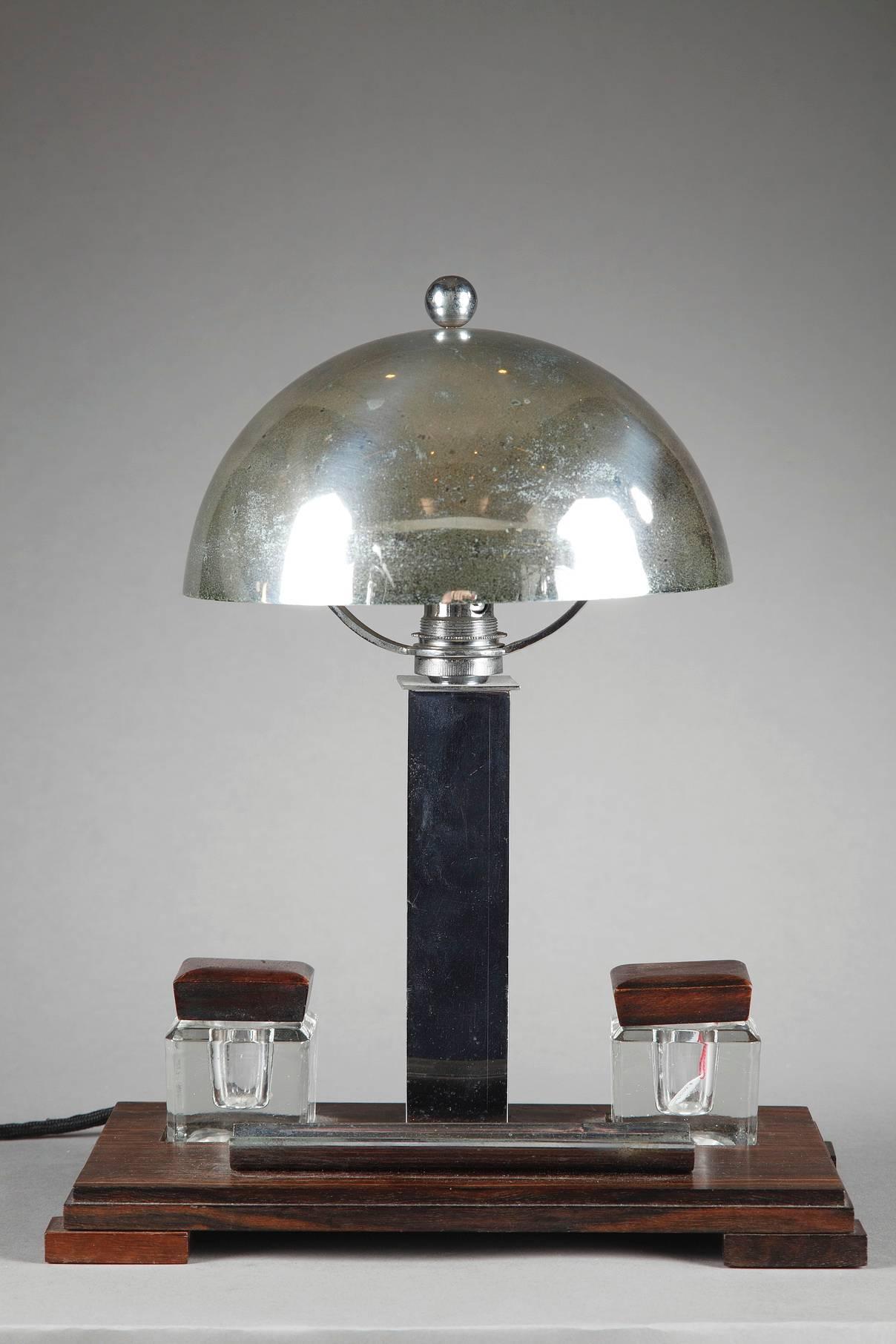 Art Deco Chromed Metal and Makassar Ebony Desk Lamp In Good Condition In Paris, FR
