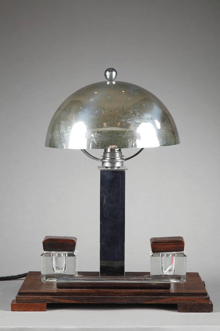 Art Deco Chromed Metal and Makassar Ebony Desk Lamp In Good Condition For Sale In Paris, FR