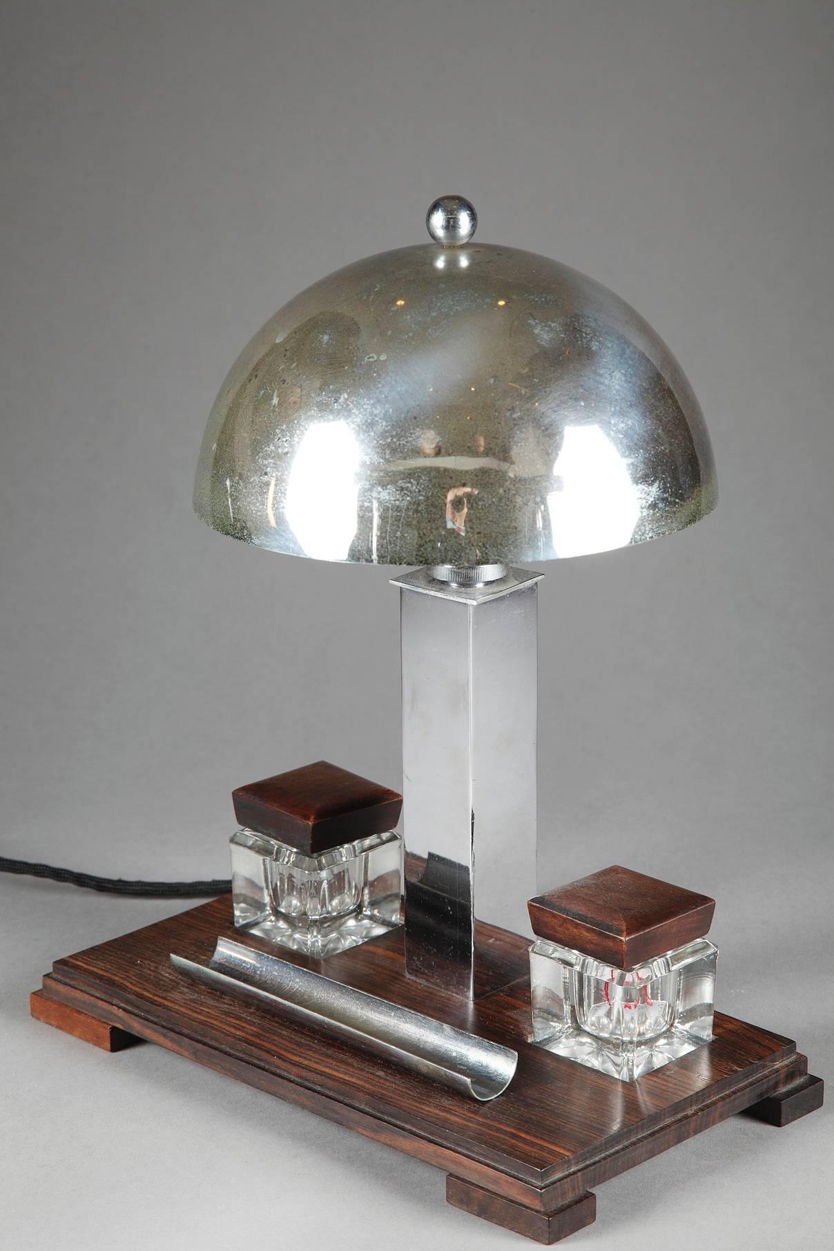 19th Century Art Deco Chromed Metal and Makassar Ebony Desk Lamp
