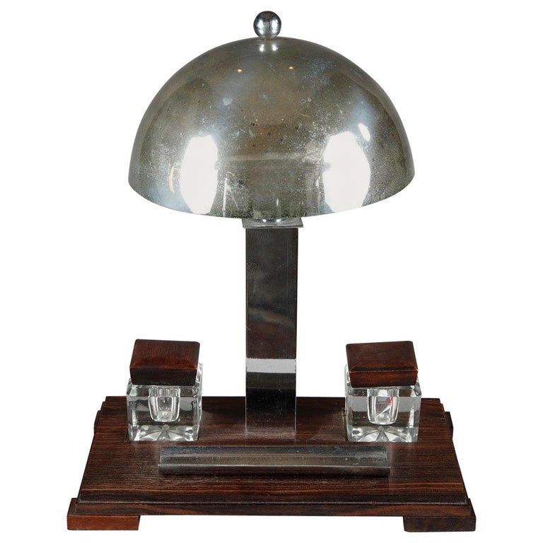 Art Deco Chromed Metal And Makassar Ebony Desk Lamp With Inkstand Makassar Ebony Desk Lamp With Inkstand