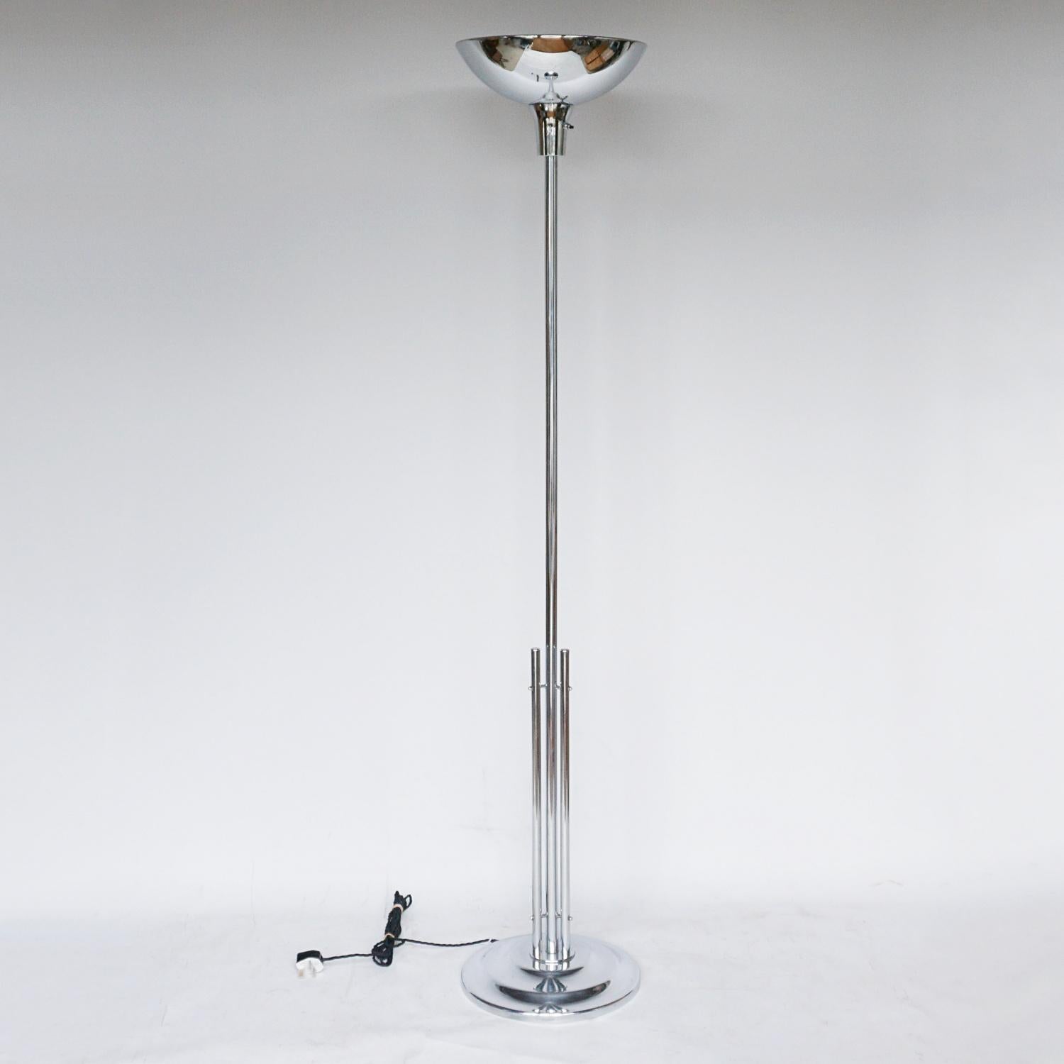 Art Deco Chromed metal uplighter. Clustered rods around a central chromed metal stem. Stepped circular base. 

Dimensions: H 181cm W 36cm 

Origin: English

Item Number: 0903223

All of our lighting is fully refurbished, re-wired, and