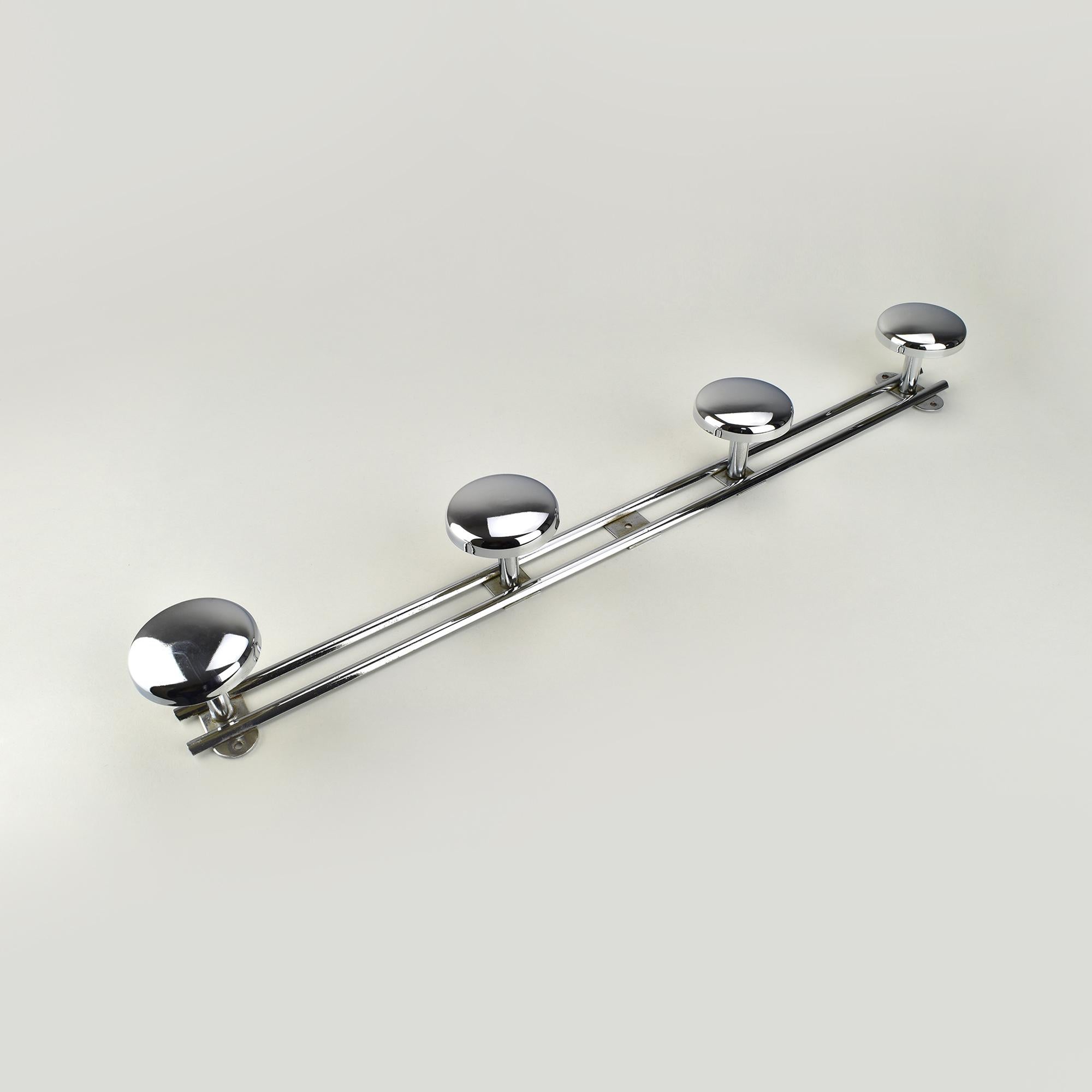 Hand-Crafted Art Deco Chromed Metal Wall-Mounted Coat Rack with Four Hooks, France, 1930s For Sale