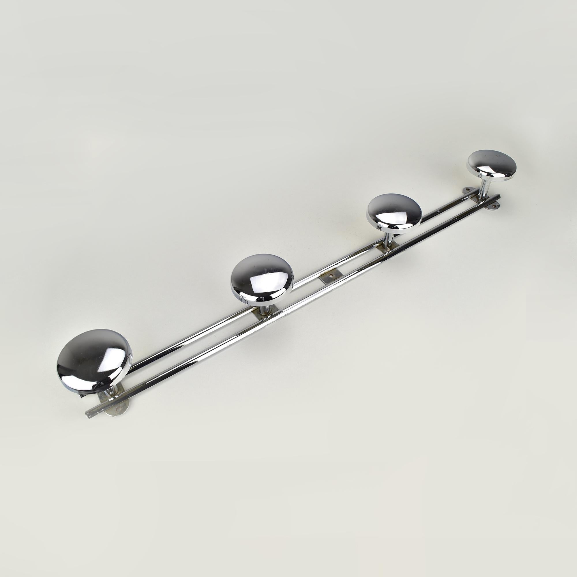 Mid-20th Century Art Deco Chromed Metal Wall-Mounted Coat Rack with Four Hooks, France, 1930s For Sale
