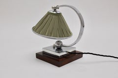 Art Deco Chromed Moss Green Fabric Wood Table Lamp Bedside Lamp France 1920s