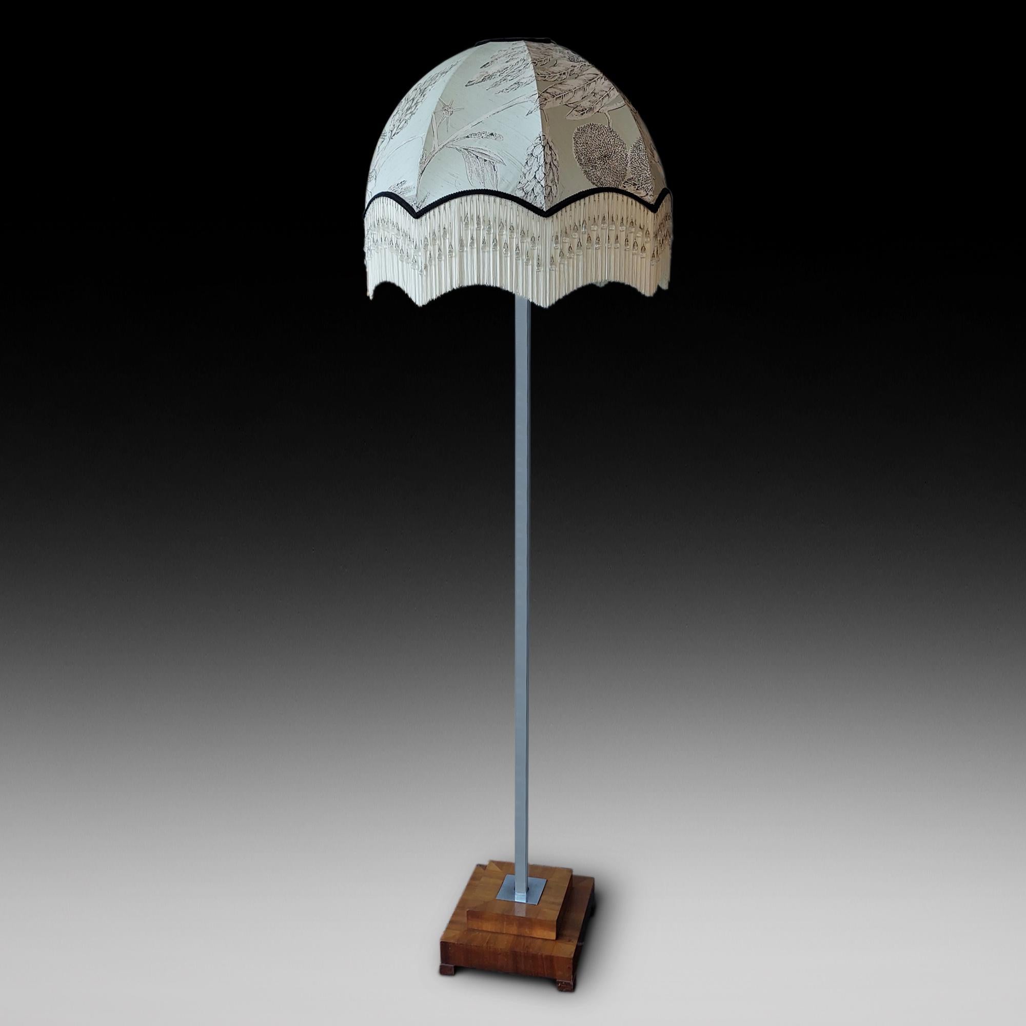 Art Deco Chromed Standard Lamp with Square Section Column on a Walnut Stylised Stepped Platform Base c1930's - The lampshade(s) are newly handmade silks by the same maker as provides the shades for Downton Abbey - all lights and lamps have been