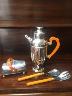 Art Deco Chromium Cocktail Shaker Serving Set w/Butterscotch Bakelite Handles