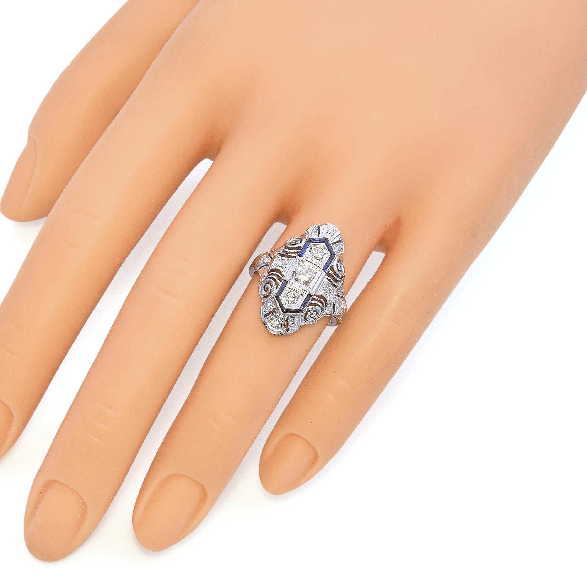Baguette Cut Art Deco Chromium White Gold Diamond and Sapphire Filigree Dinner Ring For Sale