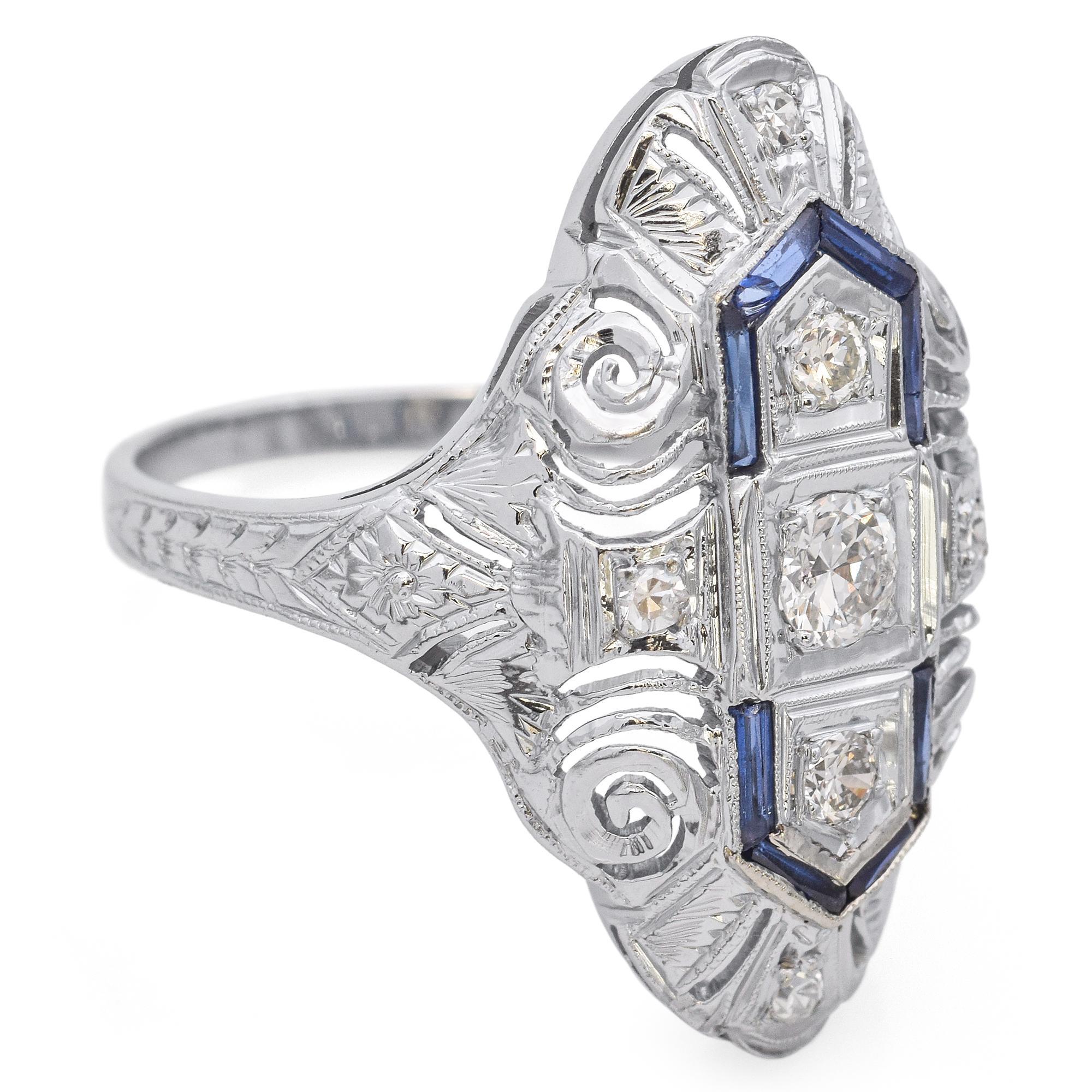 Art Deco Chromium White Gold Diamond and Sapphire Filigree Dinner Ring For Sale 1