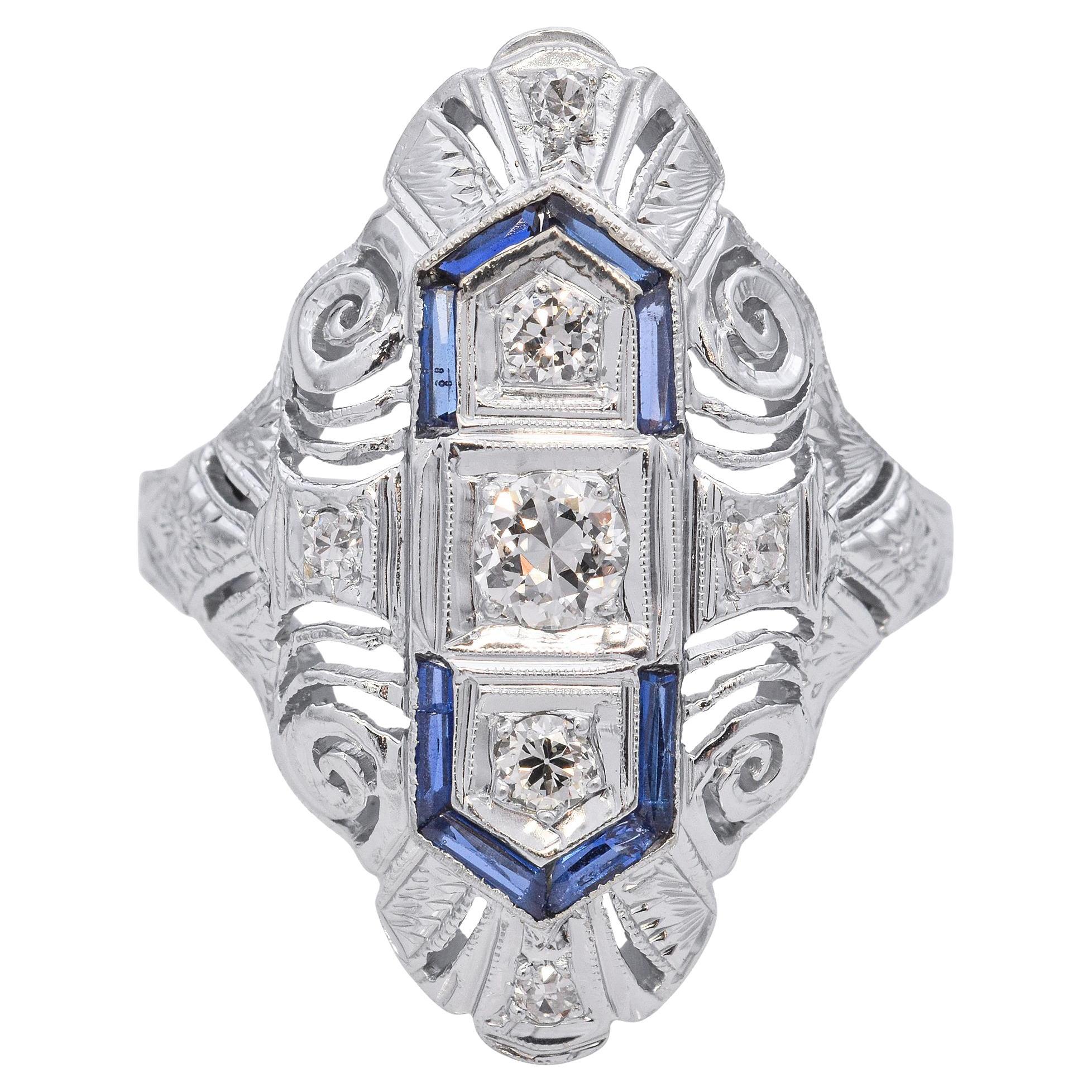 Art Deco Chromium White Gold Diamond and Sapphire Filigree Dinner Ring For Sale