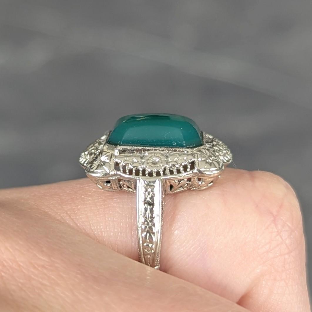Art Deco Chrysoprase 14 Karat White Gold Vintage Orange Blossom Dinner Ring im Angebot 4
