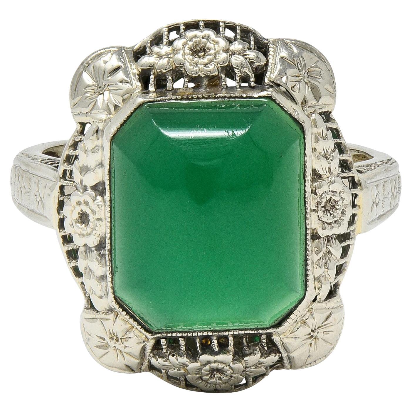 Art Deco Chrysoprase 14 Karat White Gold Vintage Orange Blossom Dinner Ring