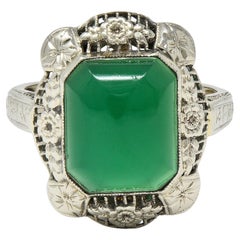 Art Deco Chrysoprase 14 Karat White Gold Vintage Orange Blossom Dinner Ring