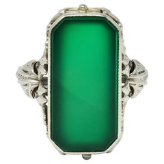 Art Déco Crisoprasa 18 Quilates Oro Blanco Anillo Signet Vintage