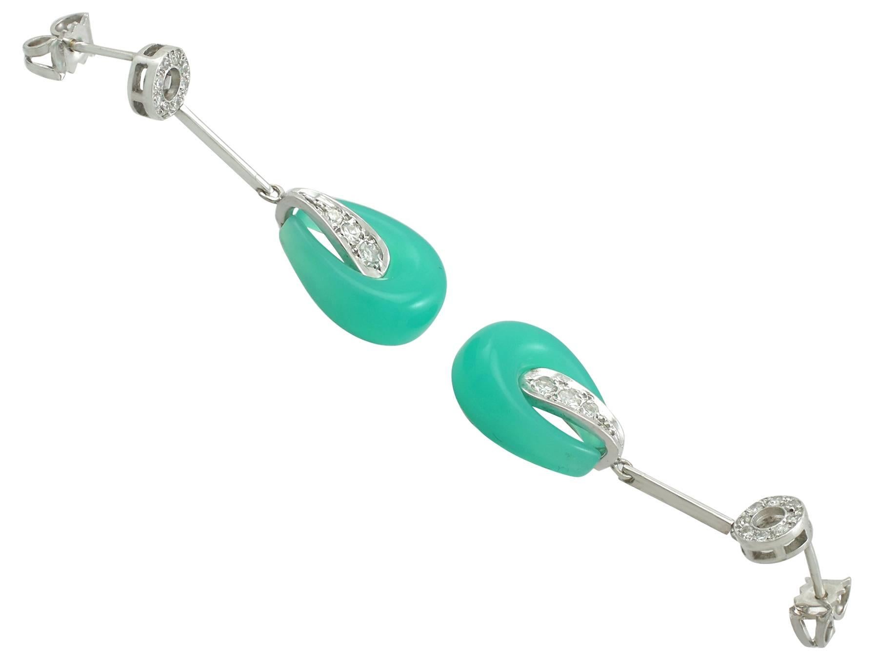 An impressive pair of vintage Art Deco style chrysoprase and 0.45 carat diamond, 14 karat white gold drop earrings; part of our diverse gemstone jewelry collections.

These fine and impressive vintage chrysoprase earrings have been crafted in 14k