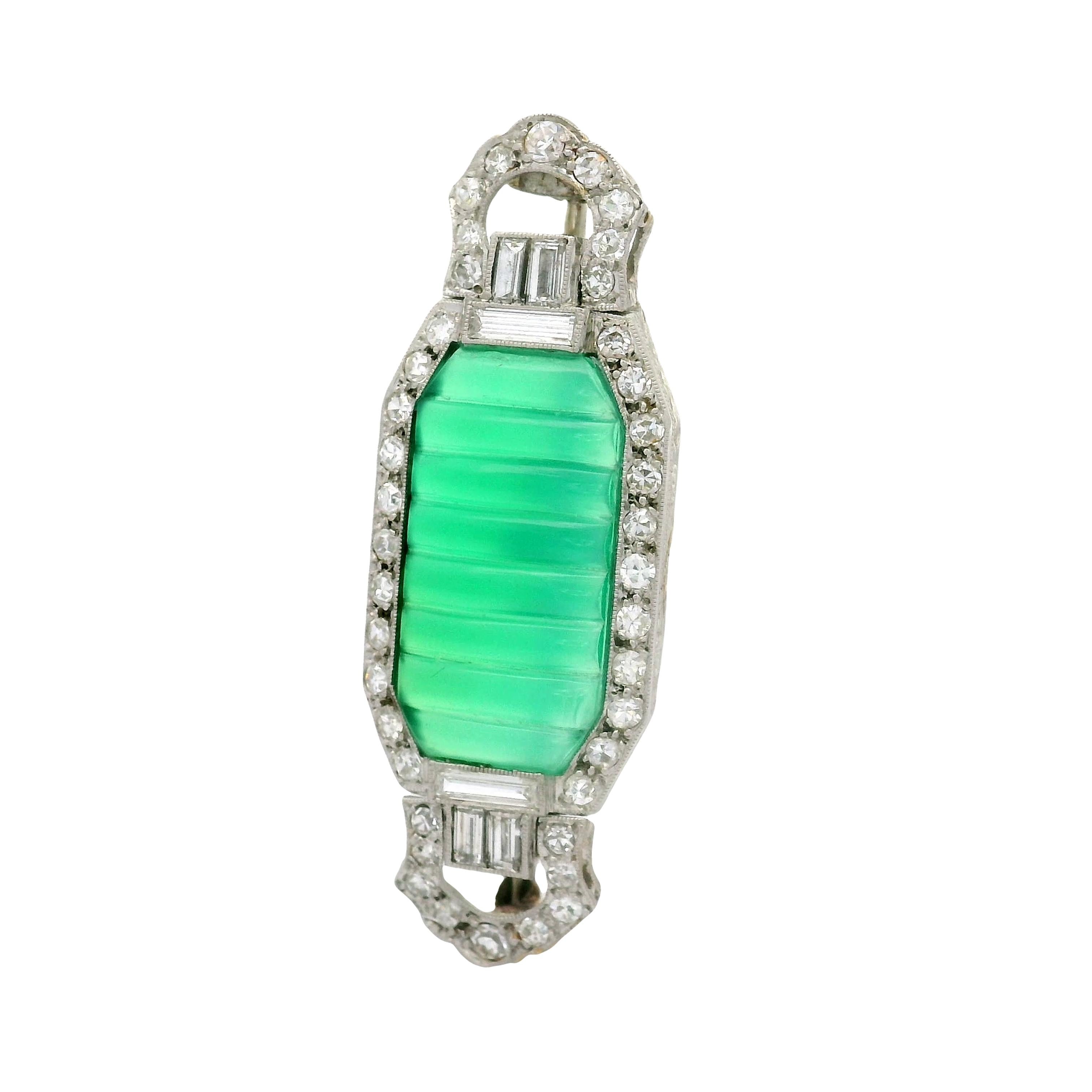 Brilliant Cut Art Deco Chrysoprase Diamond Platinum Brooch For Sale