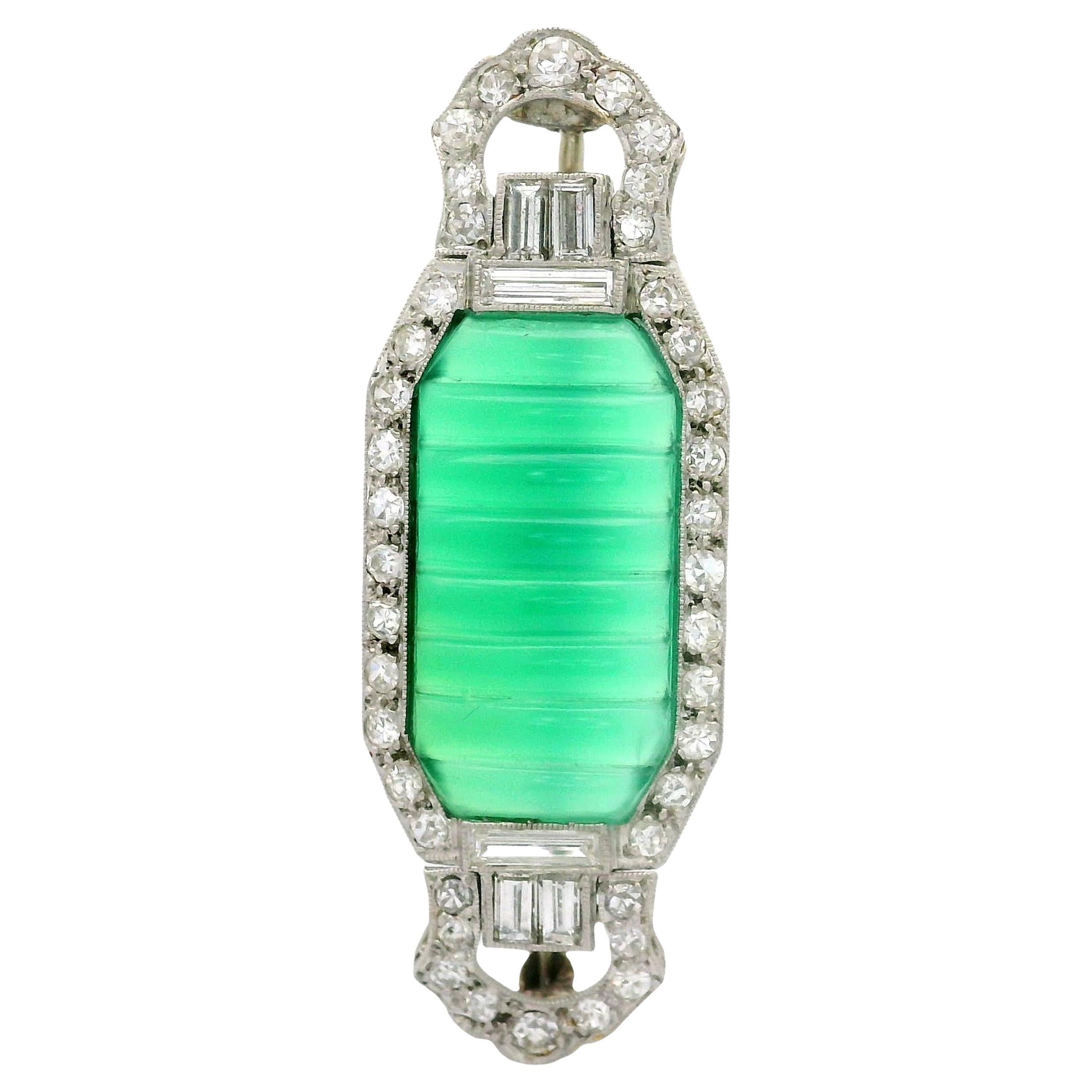 Art Deco Chrysoprase Diamond Platinum Brooch For Sale