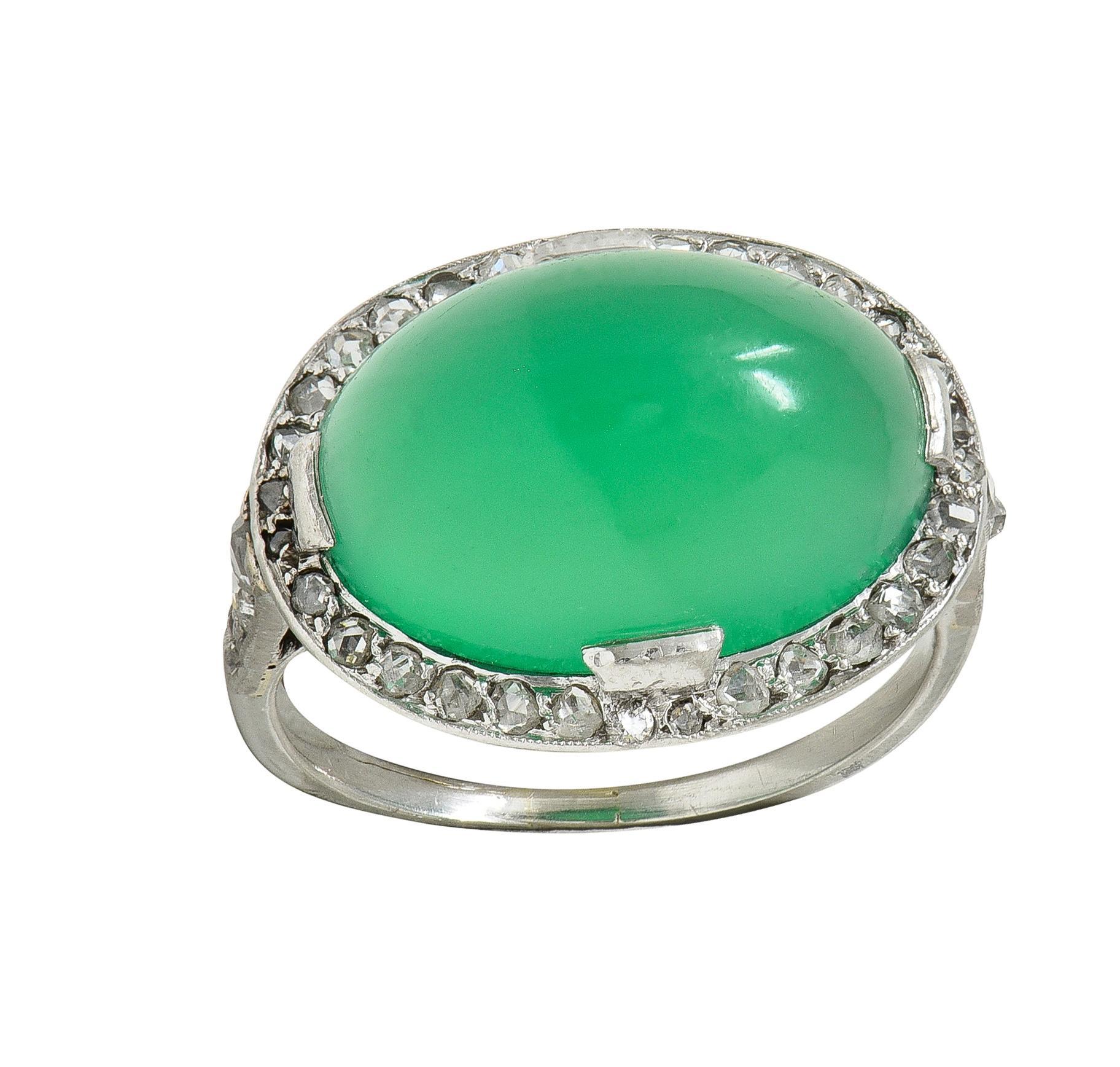 Art Deco Chrysoprase Diamond Platinum Vintage Scrolling Halo Ring For Sale 5