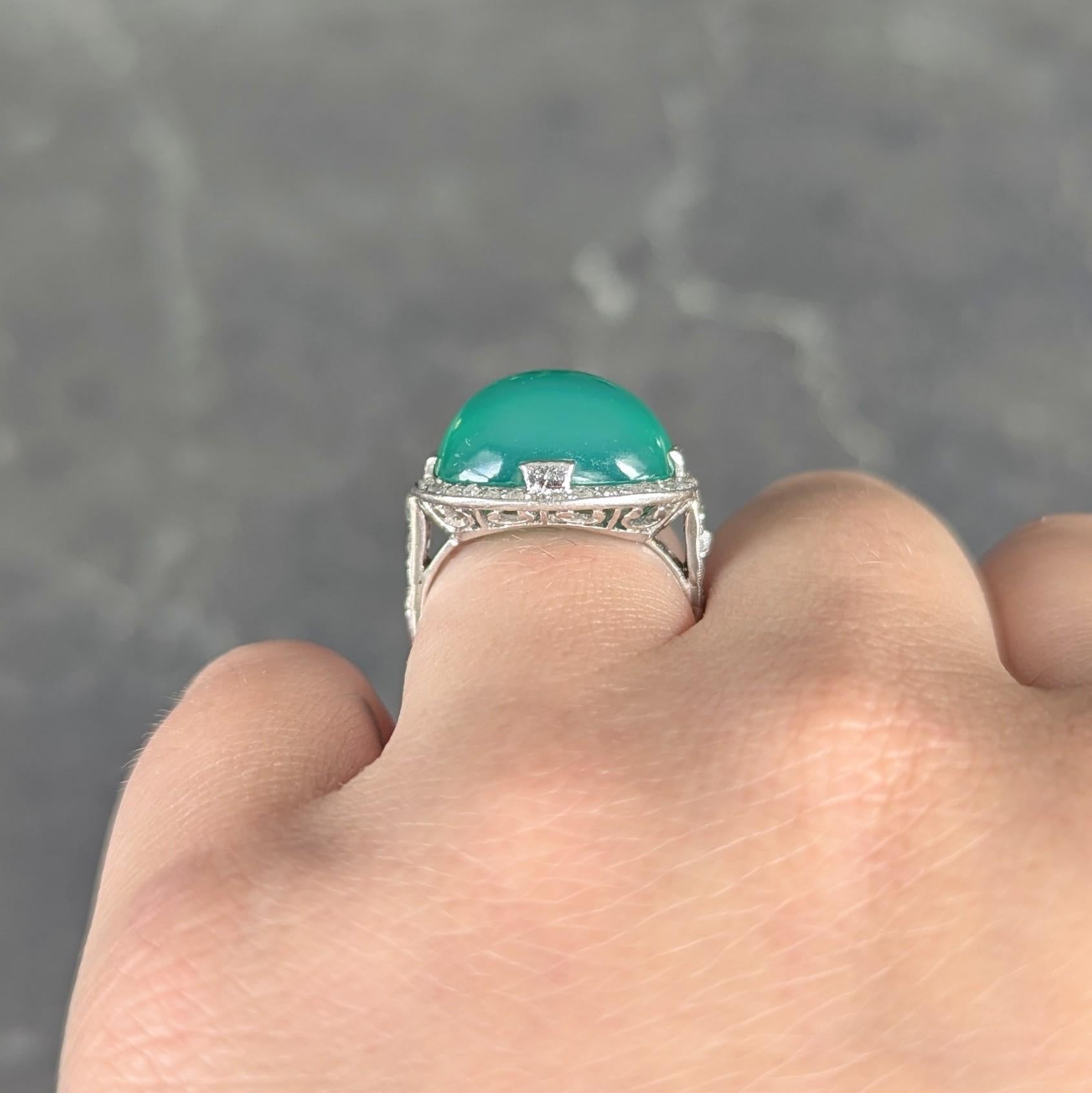 Art Deco Chrysoprase Diamond Platinum Vintage Scrolling Halo Ring For Sale 7