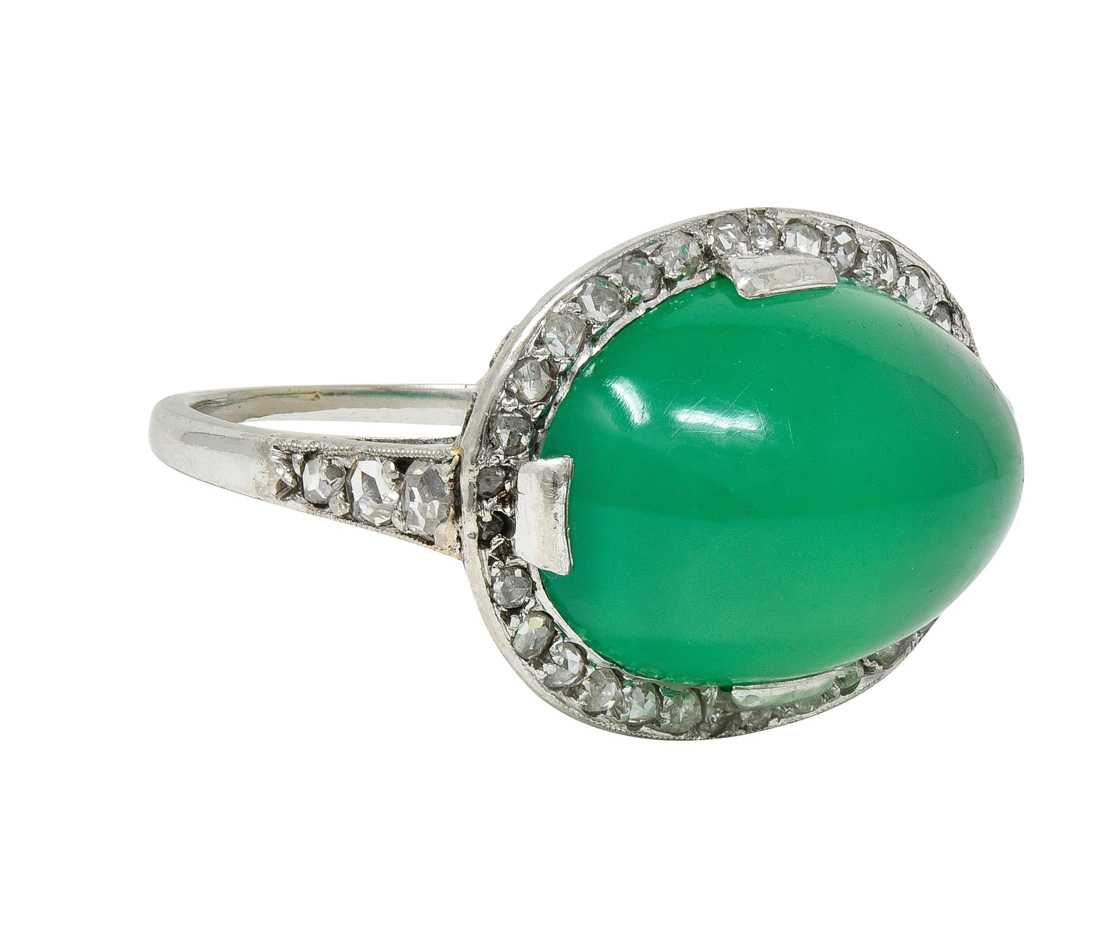 Cabochon Art Deco Chrysoprase Diamond Platinum Vintage Scrolling Halo Ring For Sale