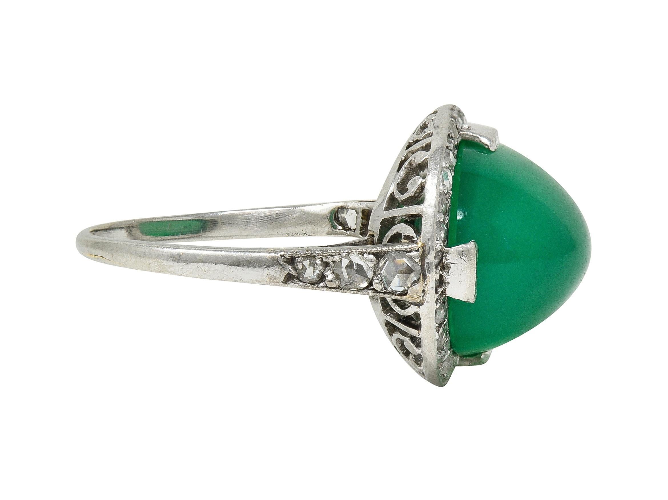 Art Deco Chrysoprase Diamond Platinum Vintage Scrolling Halo Ring In Excellent Condition For Sale In Philadelphia, PA