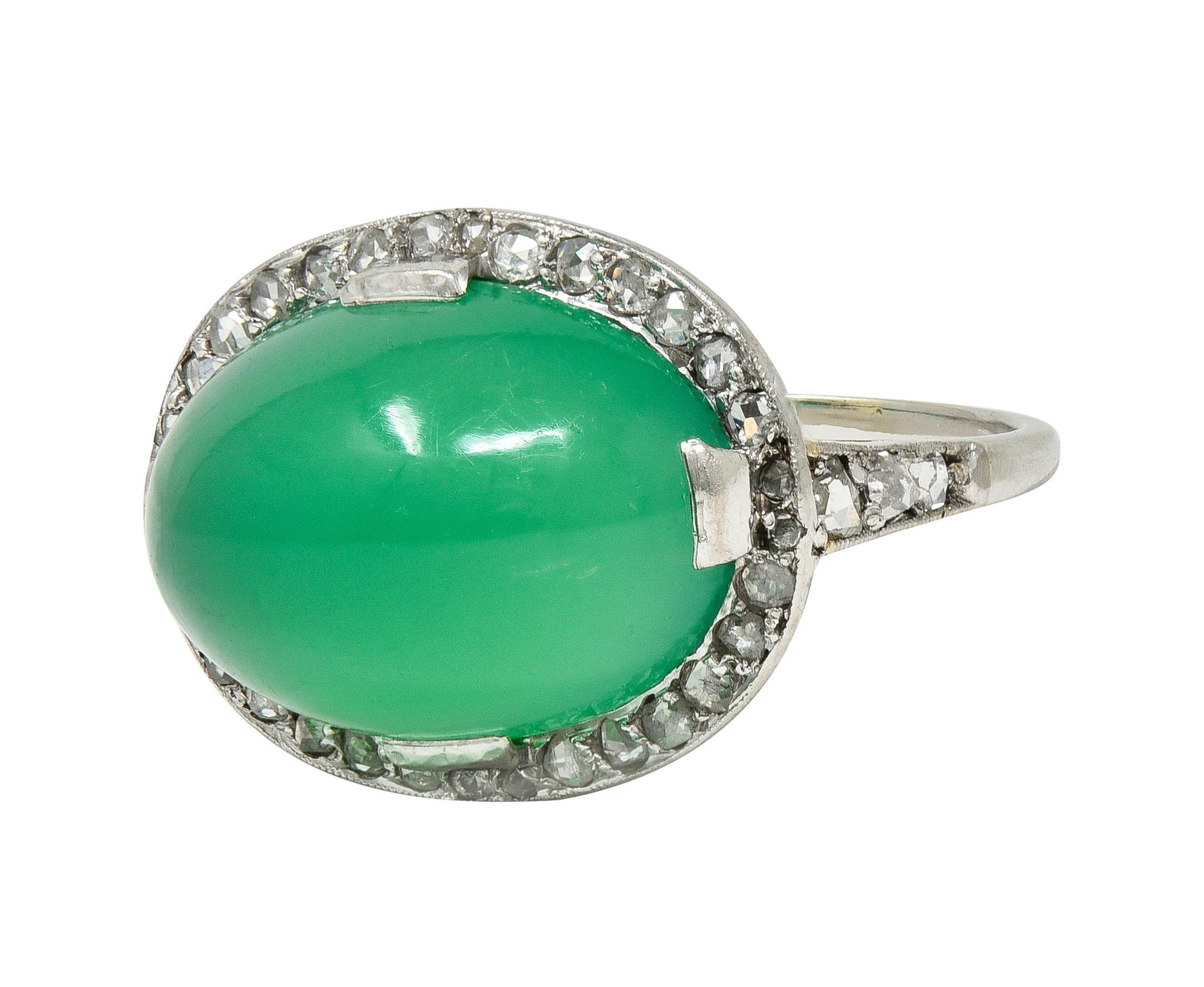 Art Deco Chrysoprase Diamond Platinum Vintage Scrolling Halo Ring For Sale 1