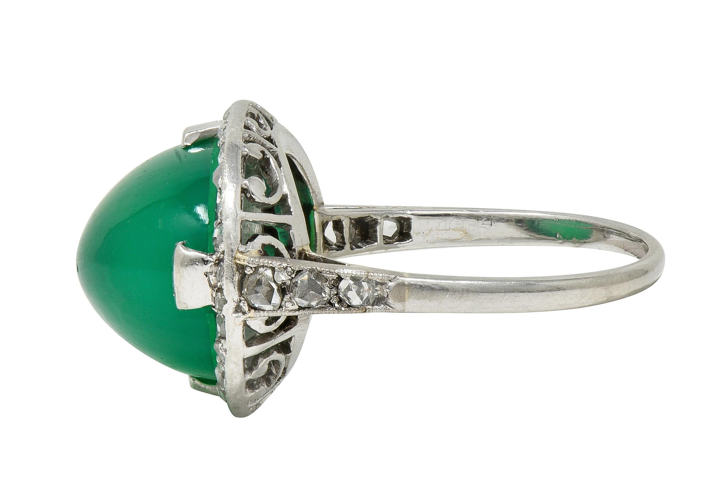 Art Deco Chrysoprase Diamond Platinum Vintage Scrolling Halo Ring For Sale 2