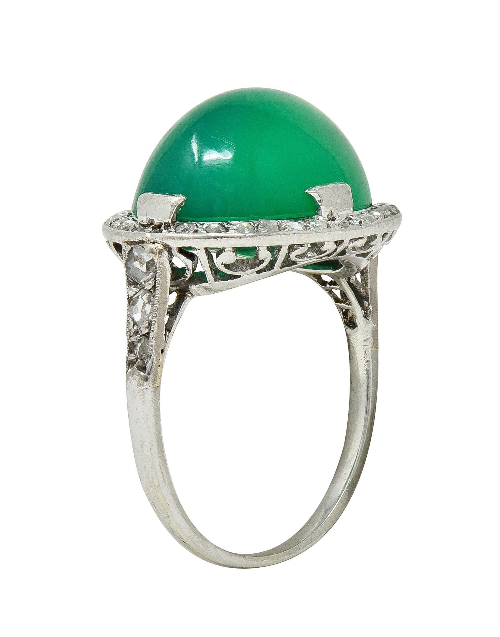Art Deco Chrysoprase Diamond Platinum Vintage Scrolling Halo Ring For Sale 3