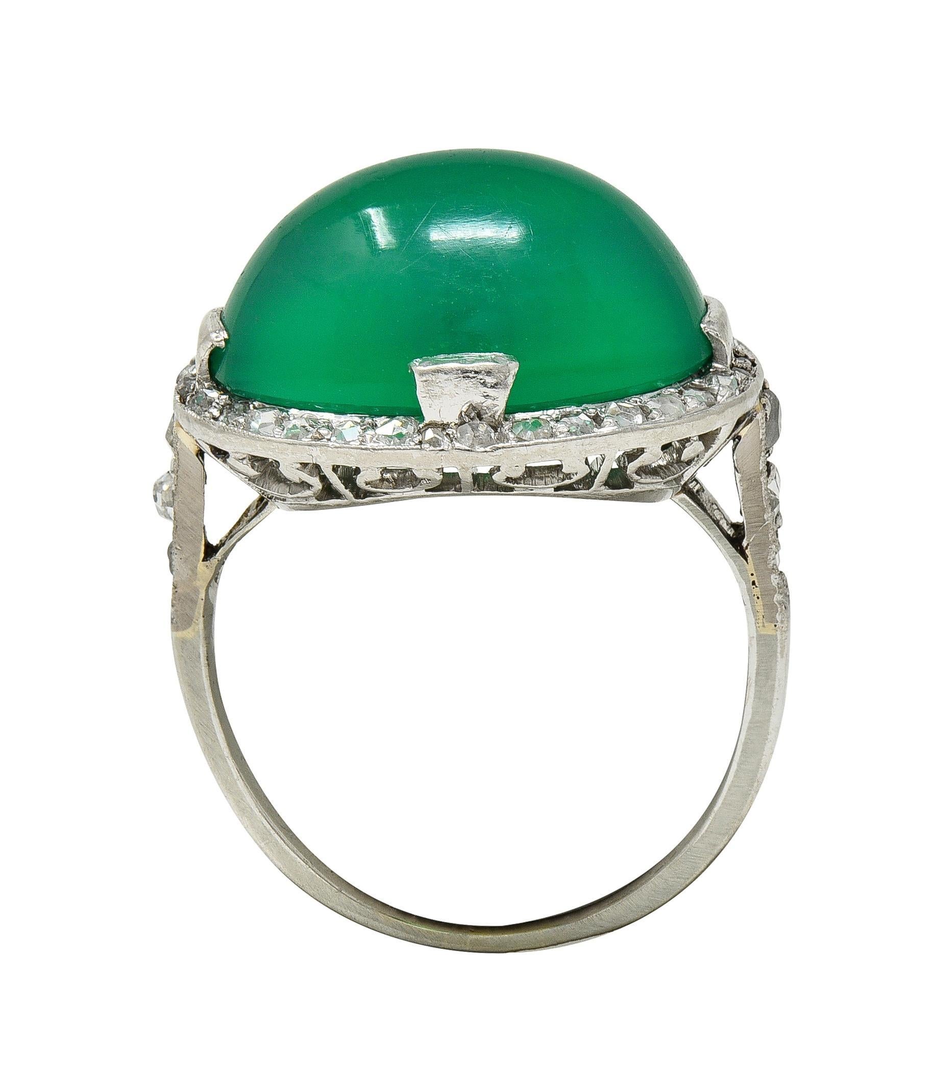 Art Deco Chrysoprase Diamond Platinum Vintage Scrolling Halo Ring For Sale 4