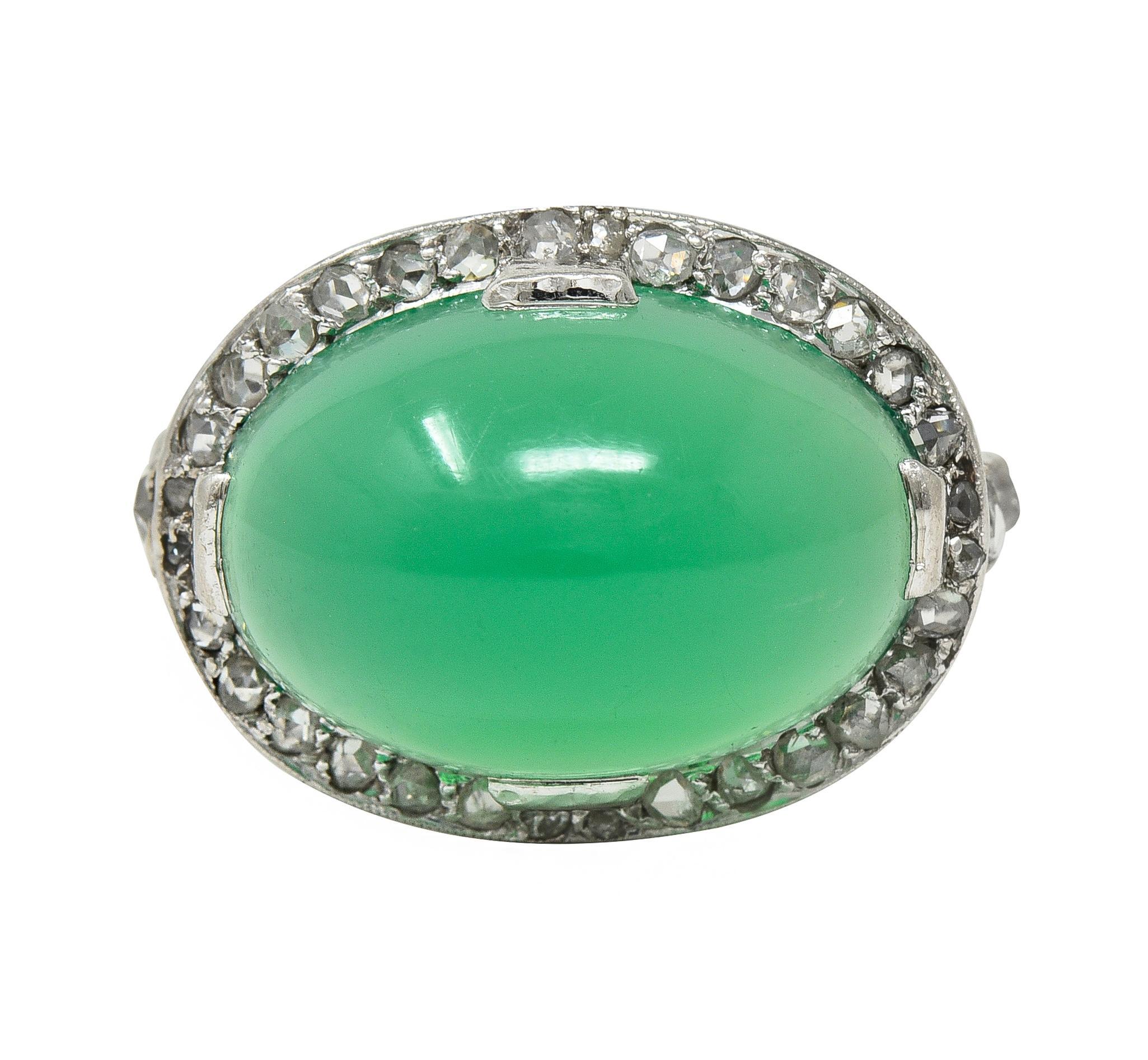 Art Deco Chrysoprase Diamond Platinum Vintage Scrolling Halo Ring For Sale