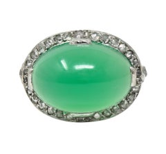 Art Deco Chrysoprase Diamond Platinum Vintage Scrolling Halo Ring