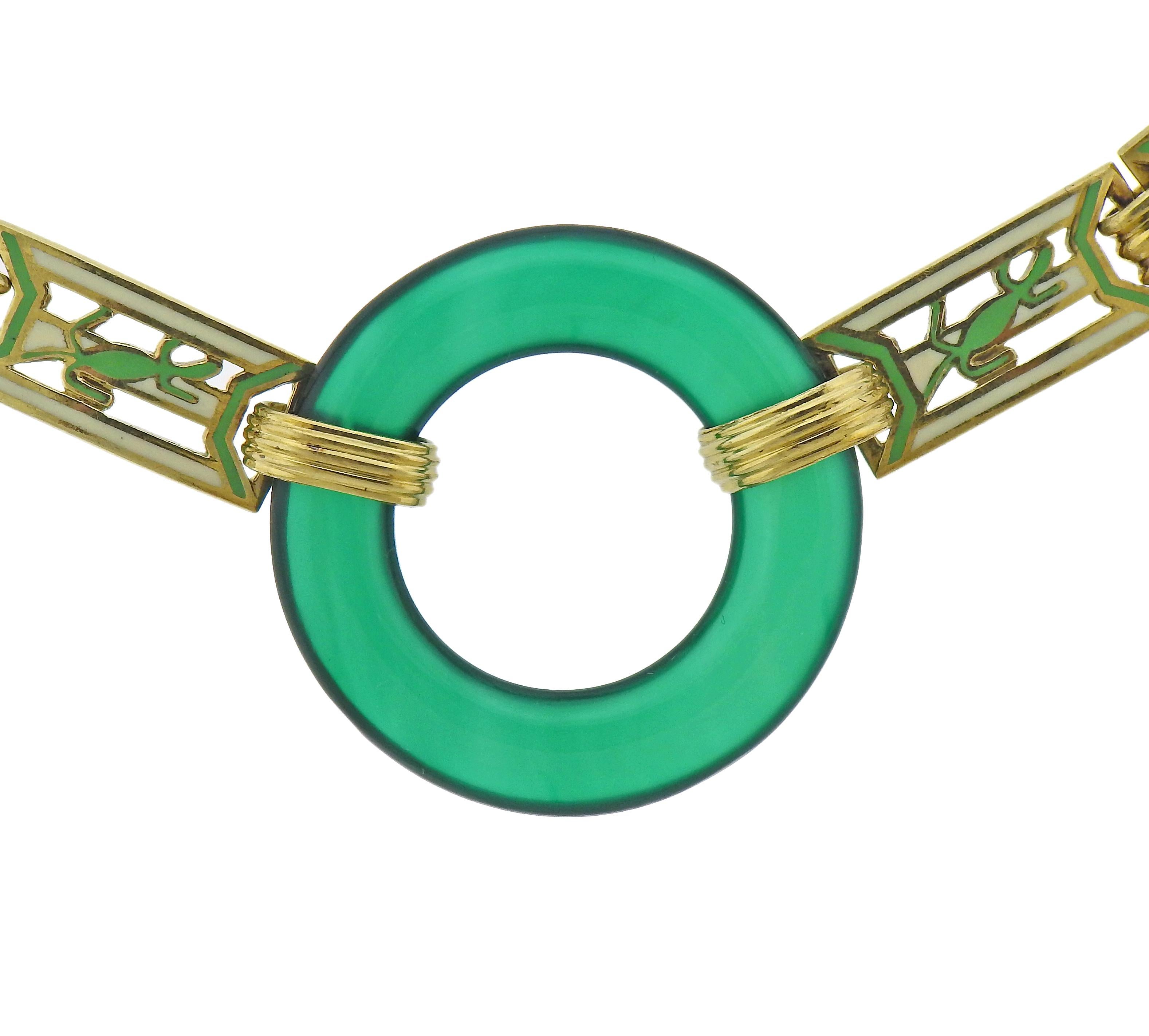 Art Deco 14k gold link necklace with chrysoprase and enamel. Necklace is 14