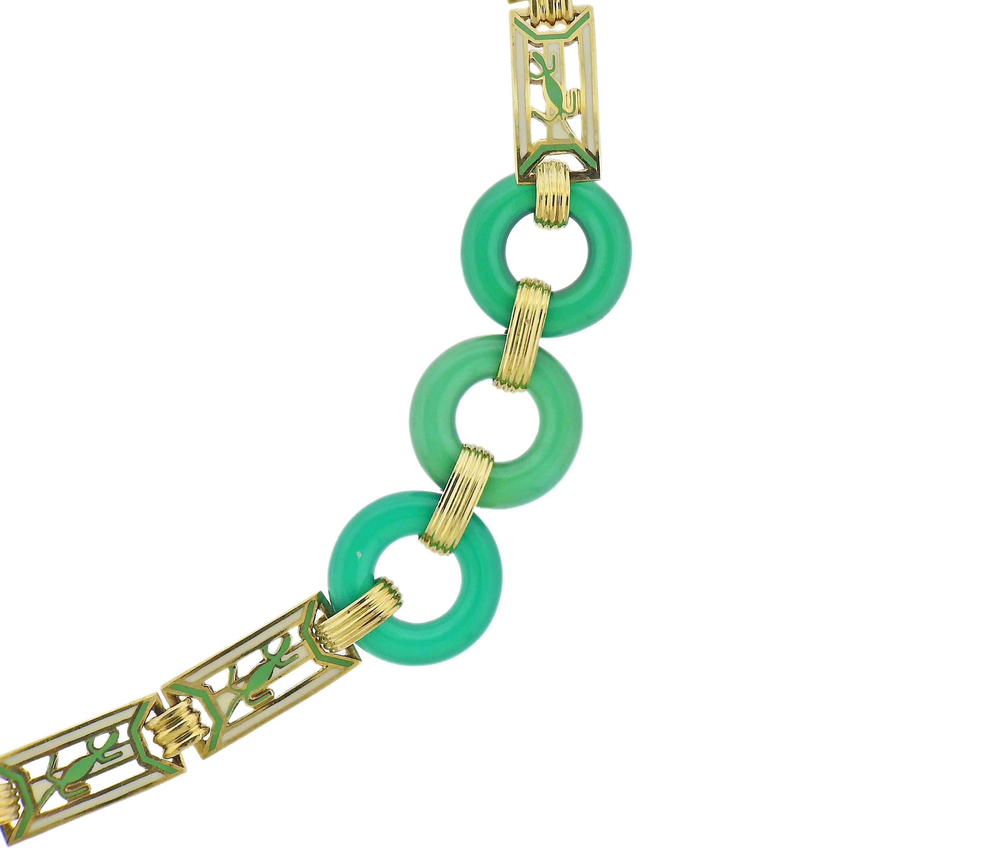 Art Deco Chrysoprase Enamel Gold Necklace In Excellent Condition For Sale In New York, NY