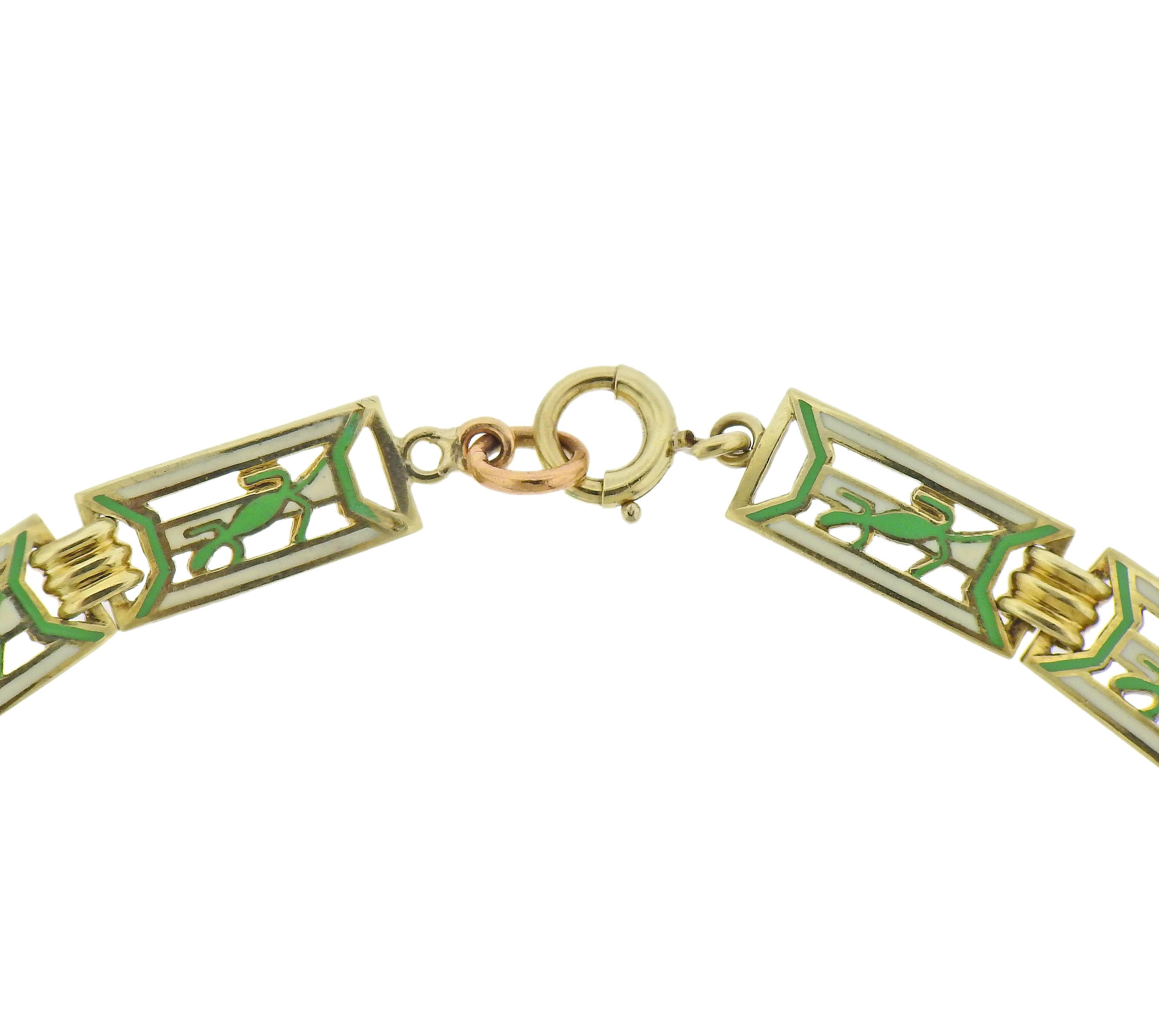 Women's Art Deco Chrysoprase Enamel Gold Necklace For Sale