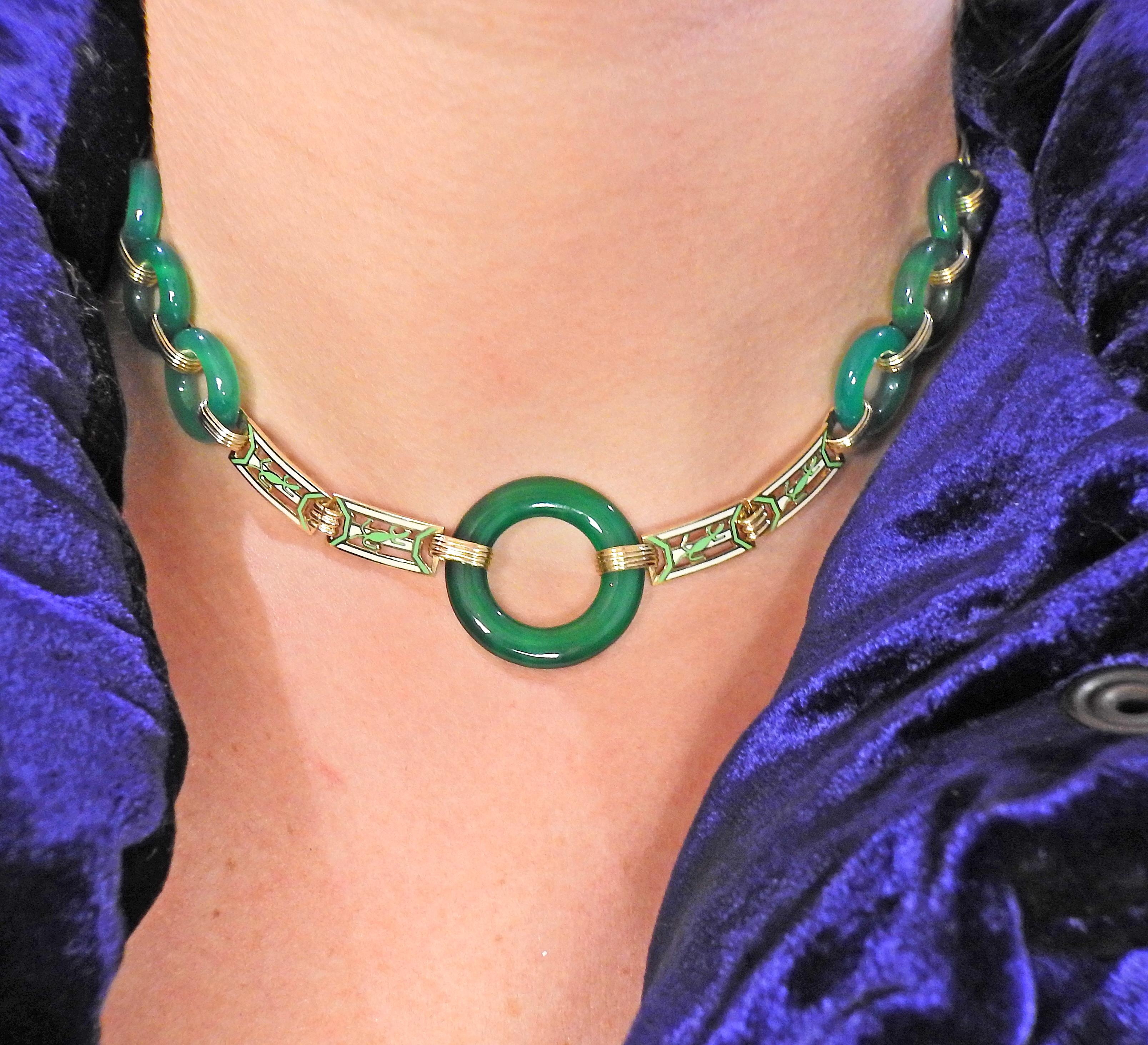 Art Deco Chrysopras-Emaille-Gold-Halskette Damen im Angebot