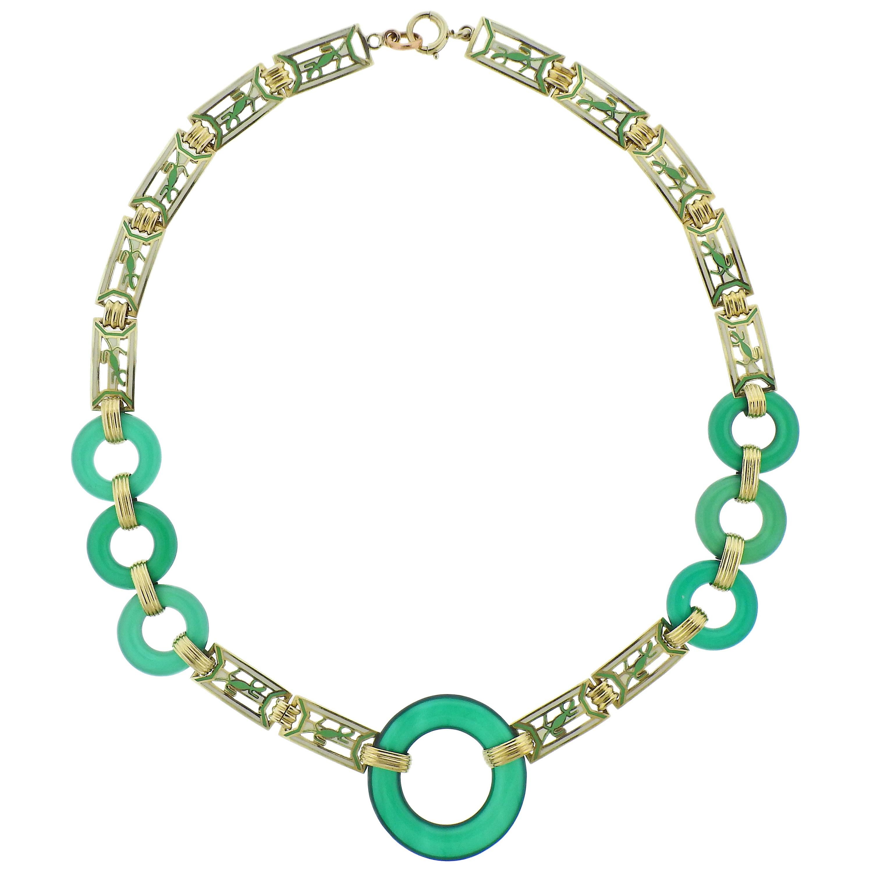Art Deco Chrysoprase Enamel Gold Necklace