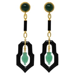 Orecchini a goccia Art Deco in crisoprasio, onice, oro giallo 14K, gufo antico con chiusura a vite