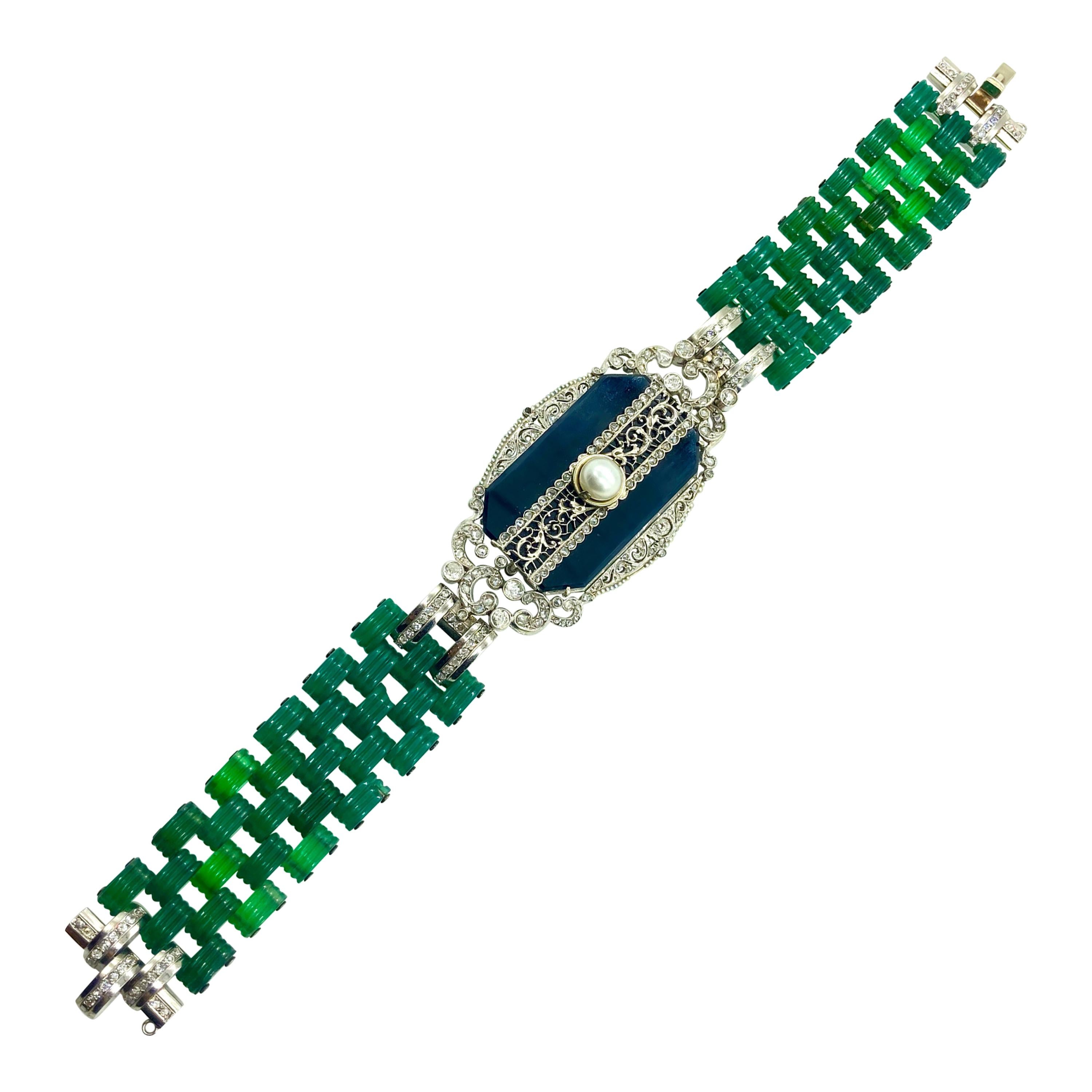 Art Deco Chrysoprase, Onyx, Diamond, Pearl Bracelet For Sale