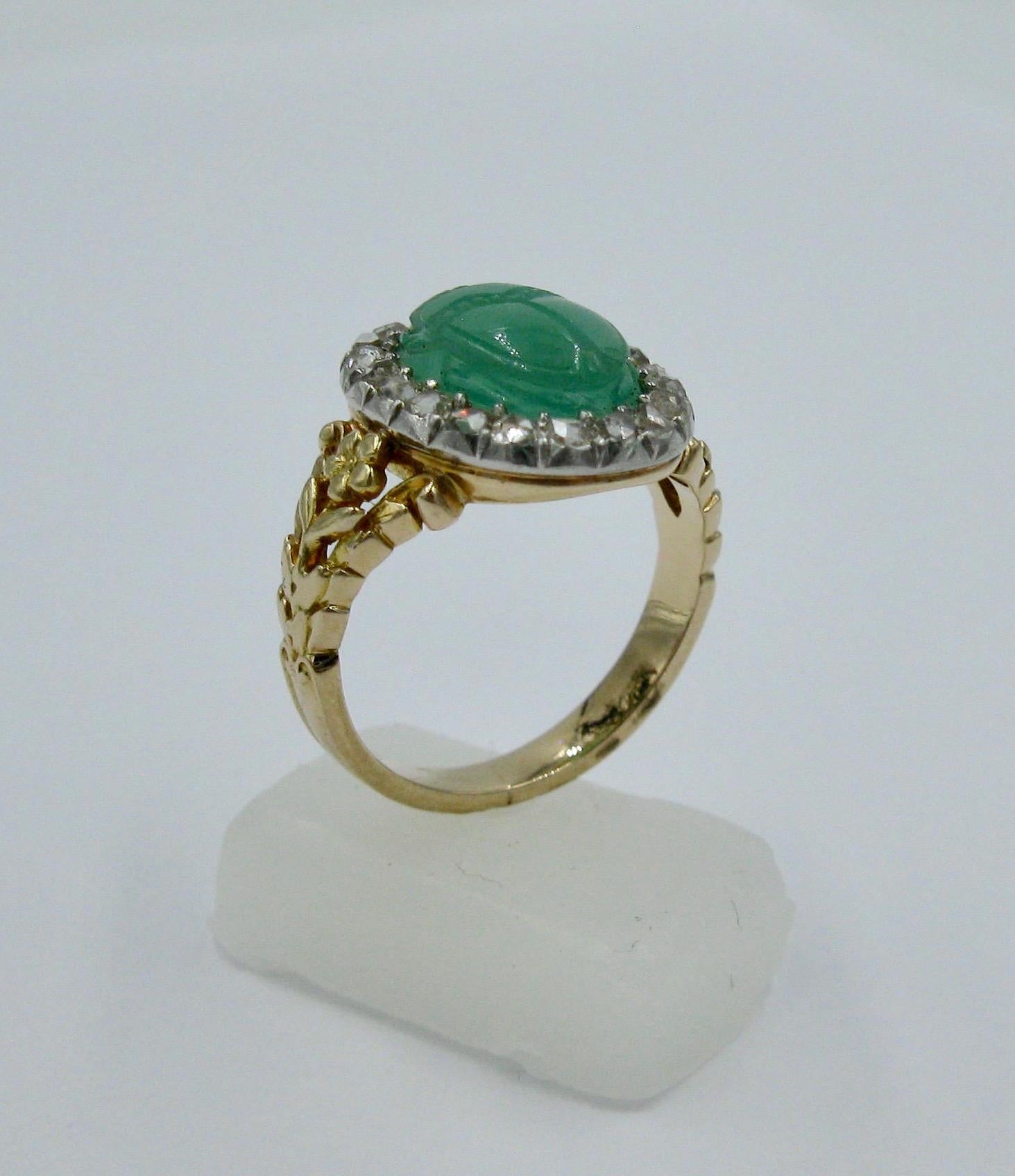 Art Deco Chrysoprase Scarab Rose Cut Diamond Halo Ring Egyptian Revival For Sale 4