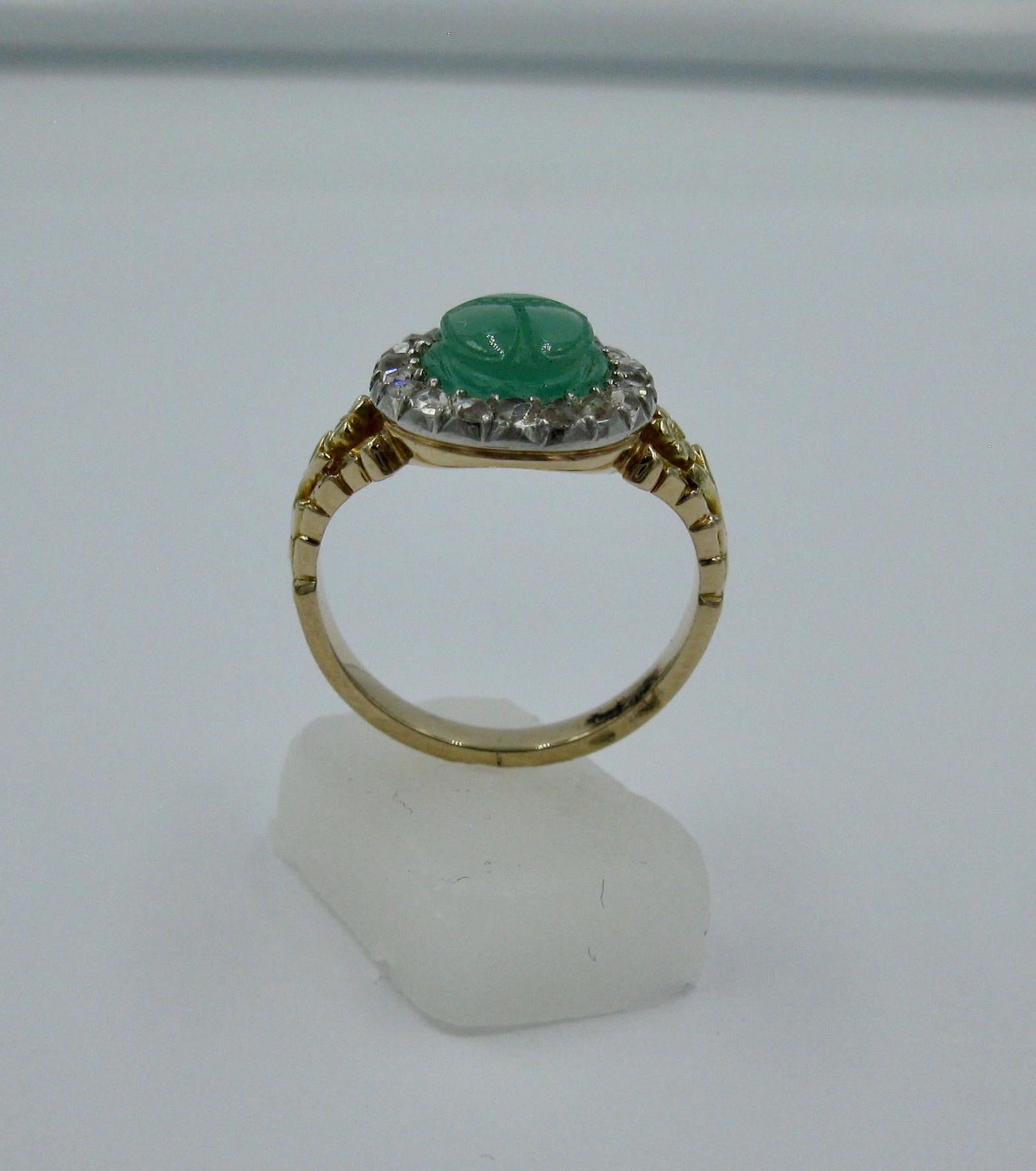 Art Deco Chrysoprase Scarab Rose Cut Diamond Halo Ring Egyptian Revival For Sale 5
