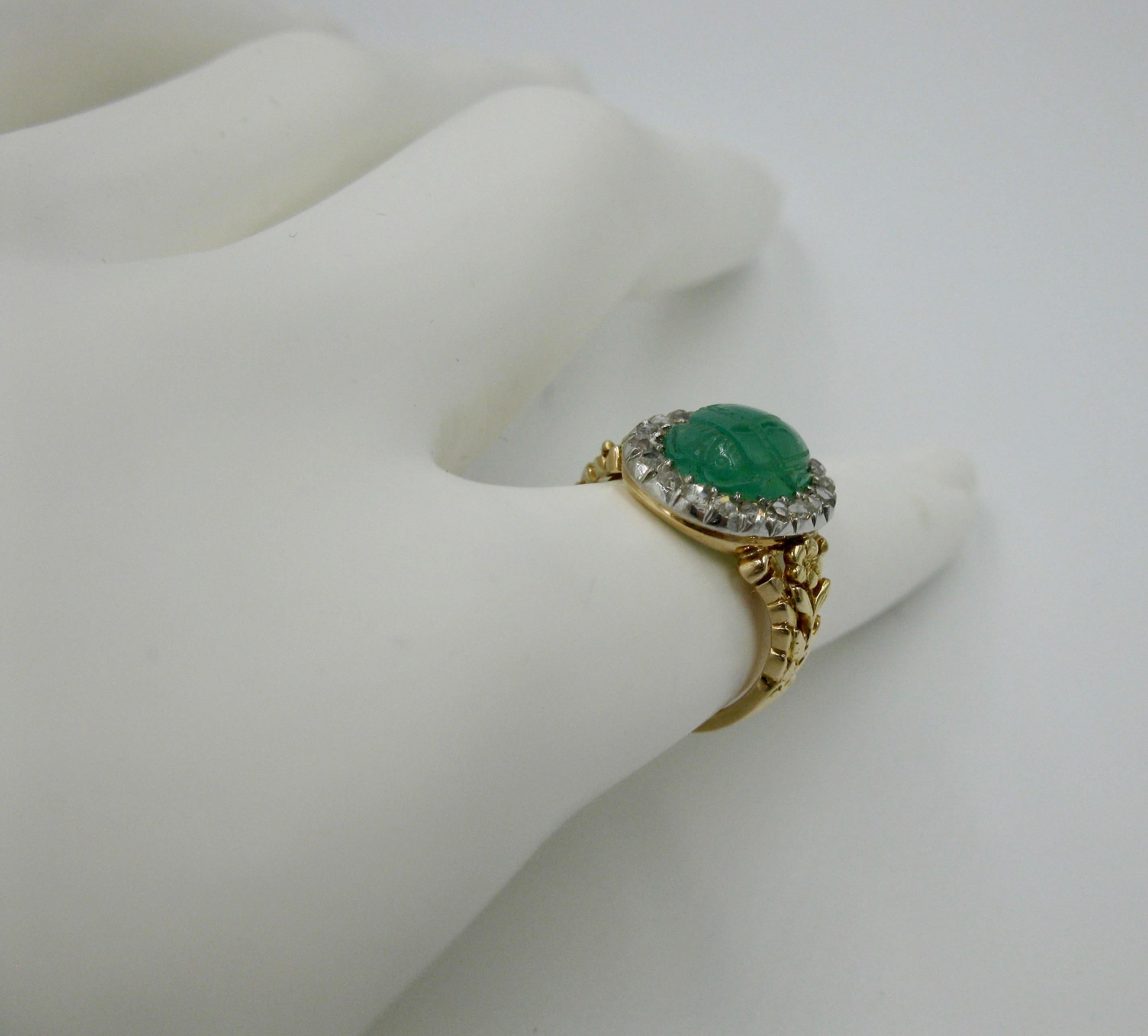 Art Deco Chrysoprase Scarab Rose Cut Diamond Halo Ring Egyptian Revival For Sale 6