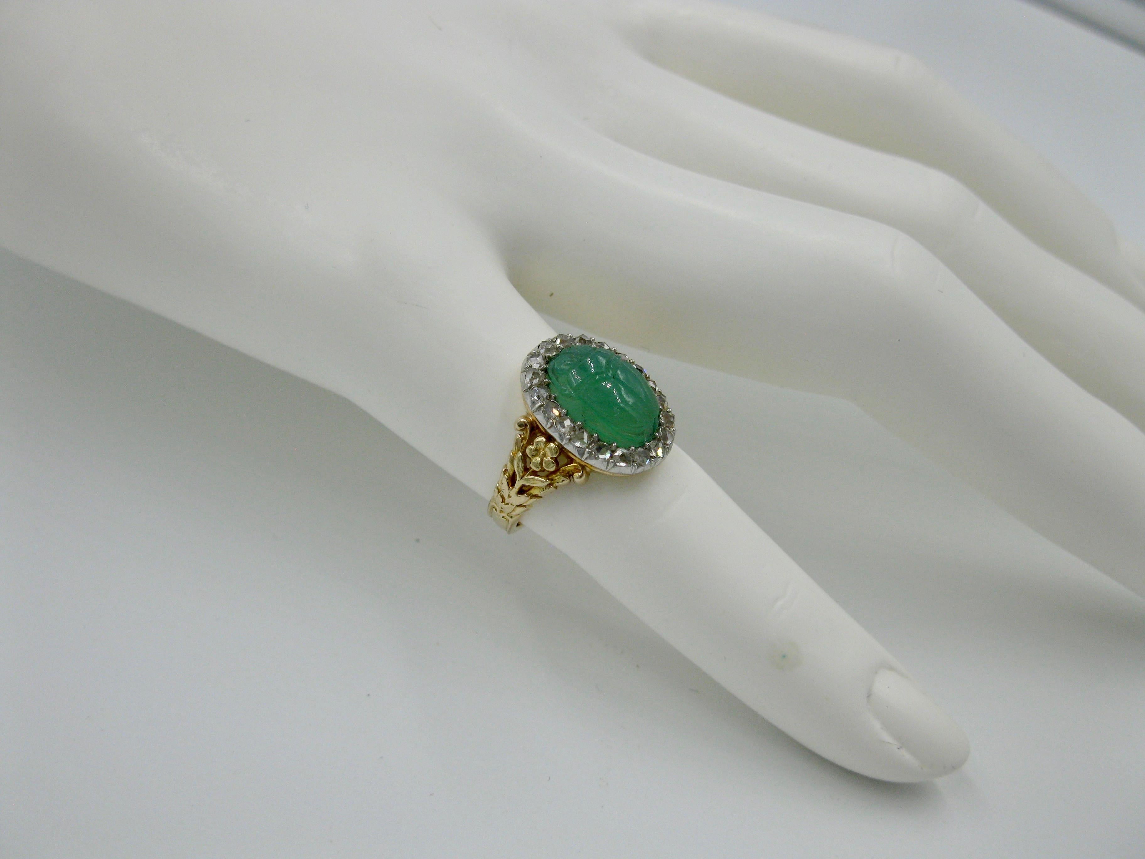 Art Deco Chrysoprase Scarab Rose Cut Diamond Halo Ring Egyptian Revival For Sale 8