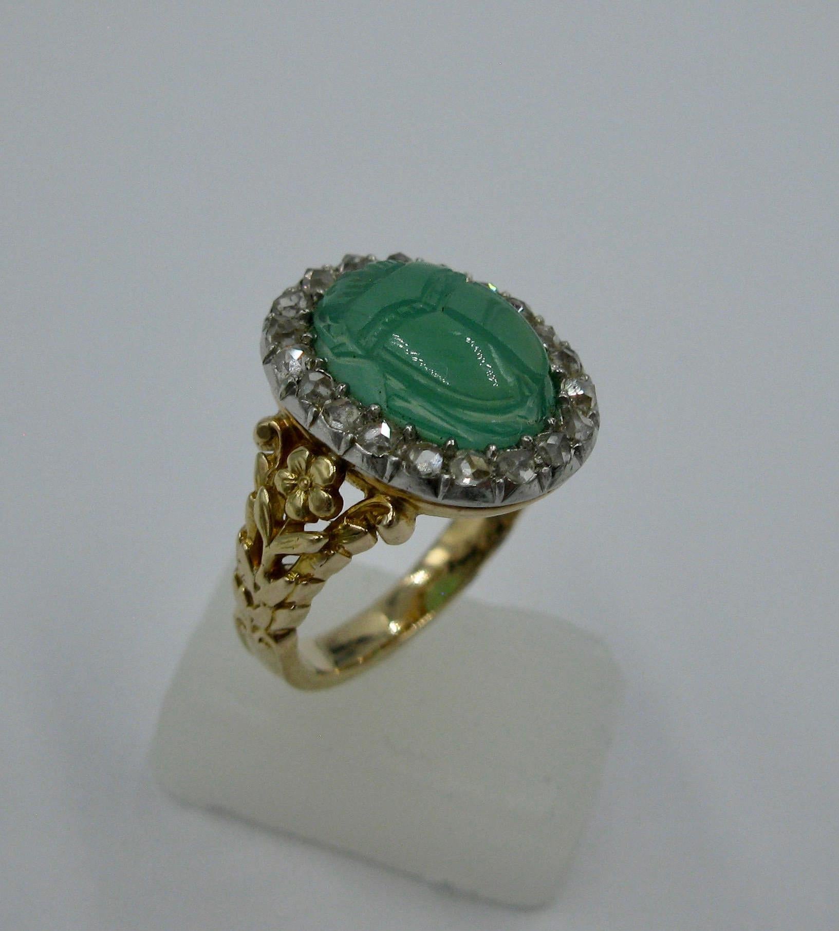 Art Deco Chrysoprase Scarab Rose Cut Diamond Halo Ring Egyptian Revival In Good Condition For Sale In New York, NY