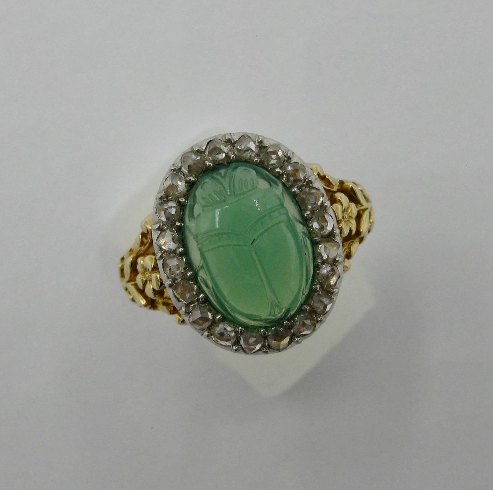 Women's Art Deco Chrysoprase Scarab Rose Cut Diamond Halo Ring Egyptian Revival For Sale