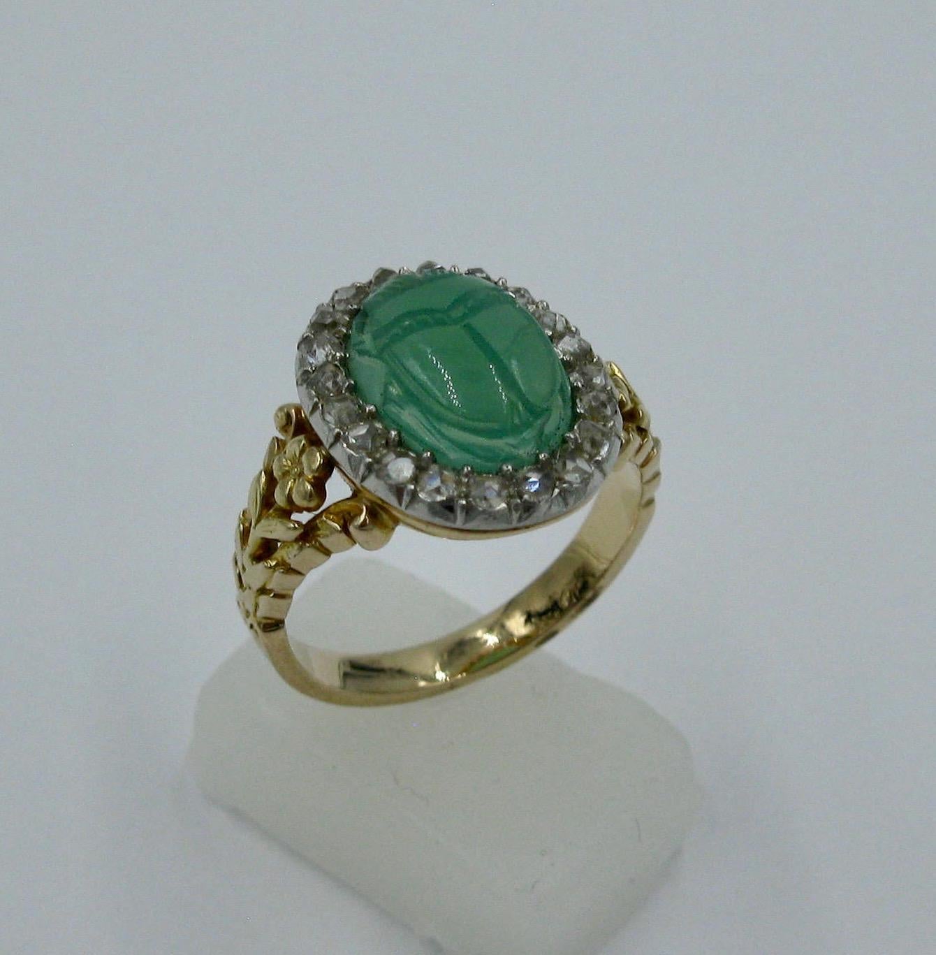Art Deco Chrysoprase Scarab Rose Cut Diamond Halo Ring Egyptian Revival For Sale 1