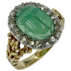 Art Deco Chrysoprase Scarab Rose Cut Diamond Halo Ring Egyptian Revival
