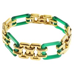 Bracciale d'oro quadrato in crisoprasio Art Deco in oro 18 carati, calcedonio verde