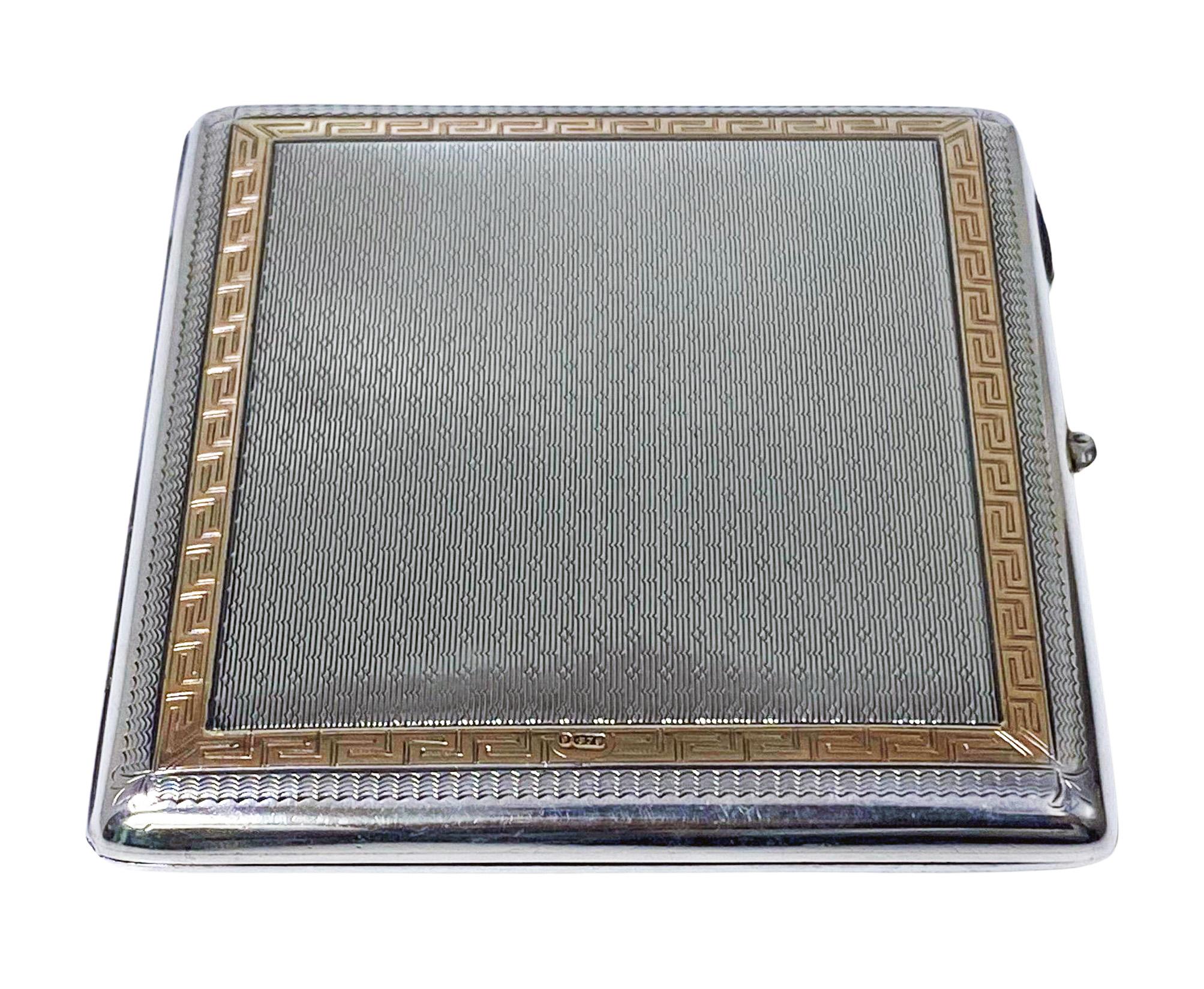 Antique Art Deco Sterling silver and 9ct gold cigarette case box Chester 1920, Colen Hewer Cheshire. Very finely decorated with an ogee type engine turn design on front and reverse with gold Greek key design inner border and outer wriggle work