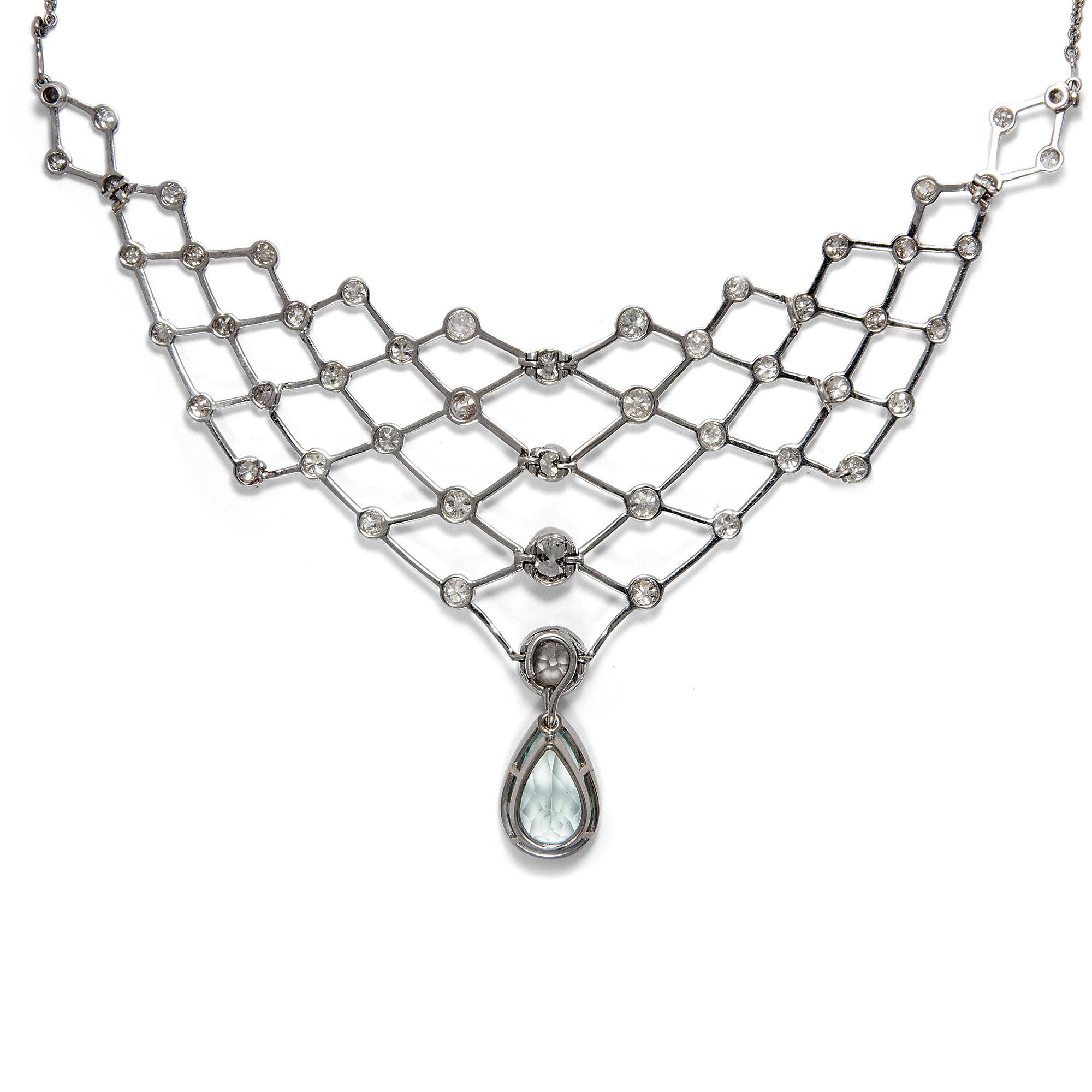 Old European Cut Art Deco circa 1920, 7.13 Ct White Diamond & 6.50 Ct Aquamarine Tiara & Necklace For Sale