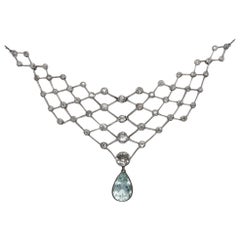 Antique Art Deco circa 1920, 7.13 Ct White Diamond & 6.50 Ct Aquamarine Tiara & Necklace